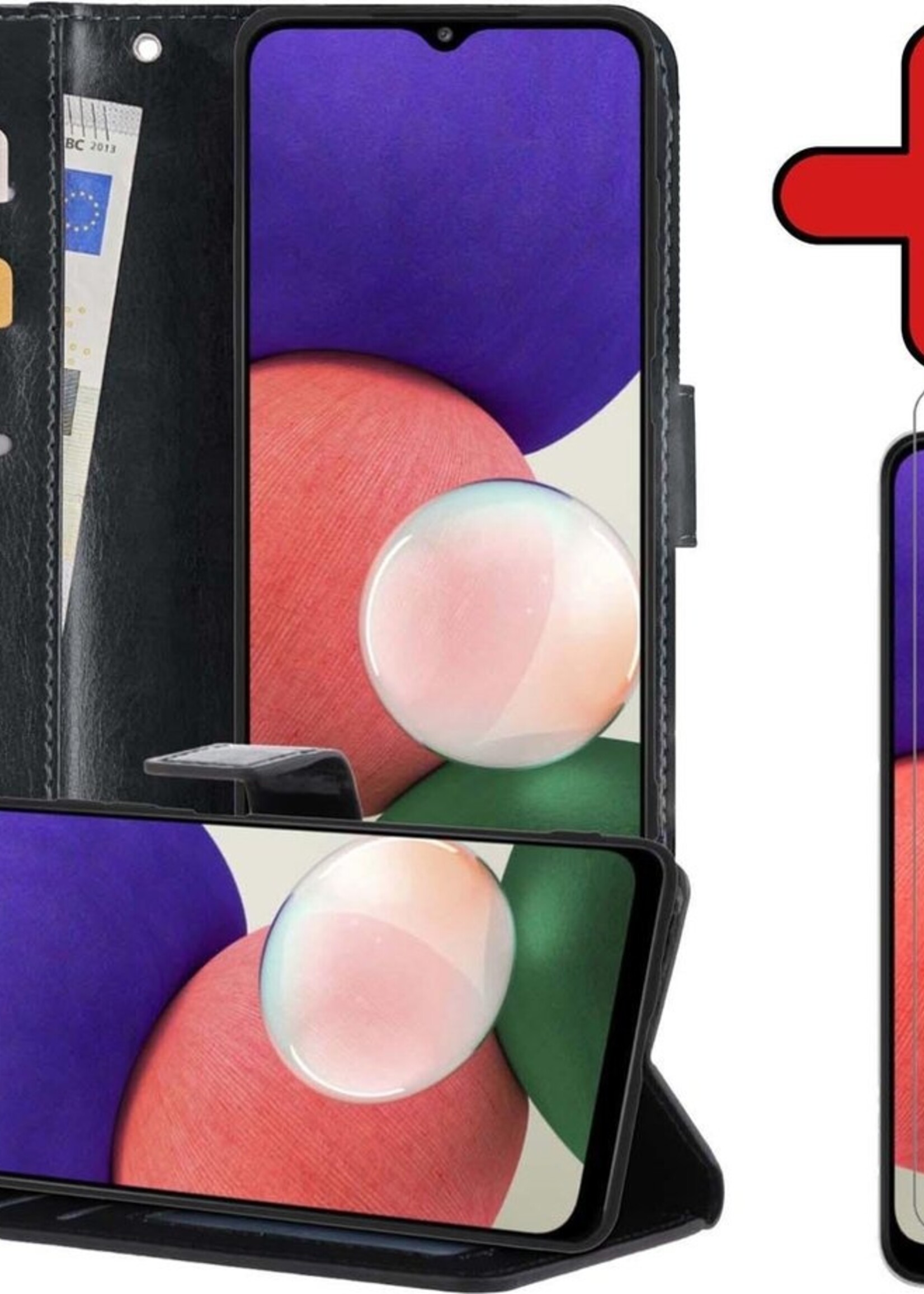 BTH Hoesje Geschikt voor Samsung A22 5G Hoesje Book Case Hoes Portemonnee Cover Walletcase Met Screenprotector - Hoes Geschikt voor Samsung Galaxy A22 5G Hoes Bookcase Hoesje - Zwart