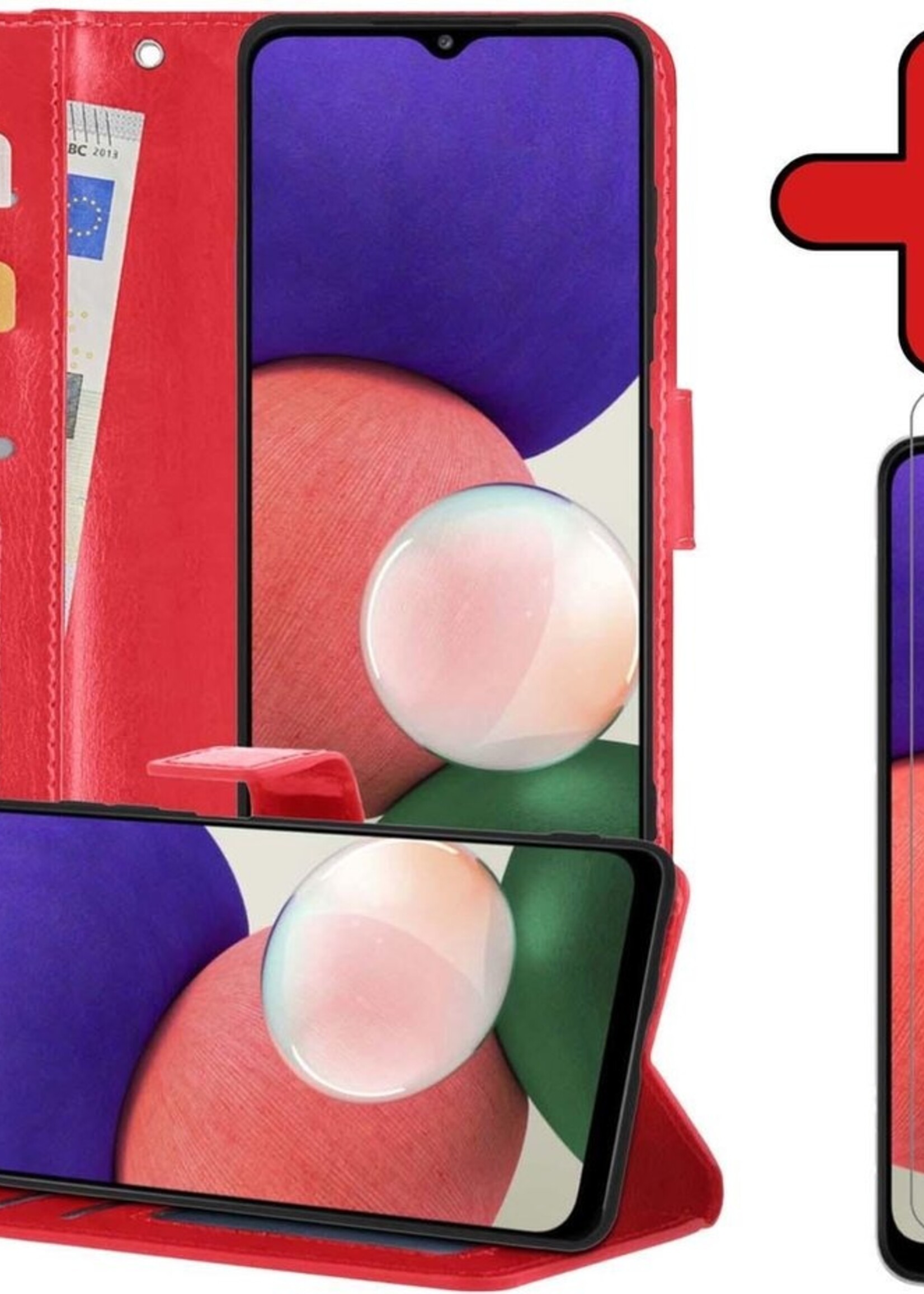 BTH Hoesje Geschikt voor Samsung A22 5G Hoesje Book Case Hoes Portemonnee Cover Walletcase Met Screenprotector - Hoes Geschikt voor Samsung Galaxy A22 5G Hoes Bookcase Hoesje - Rood