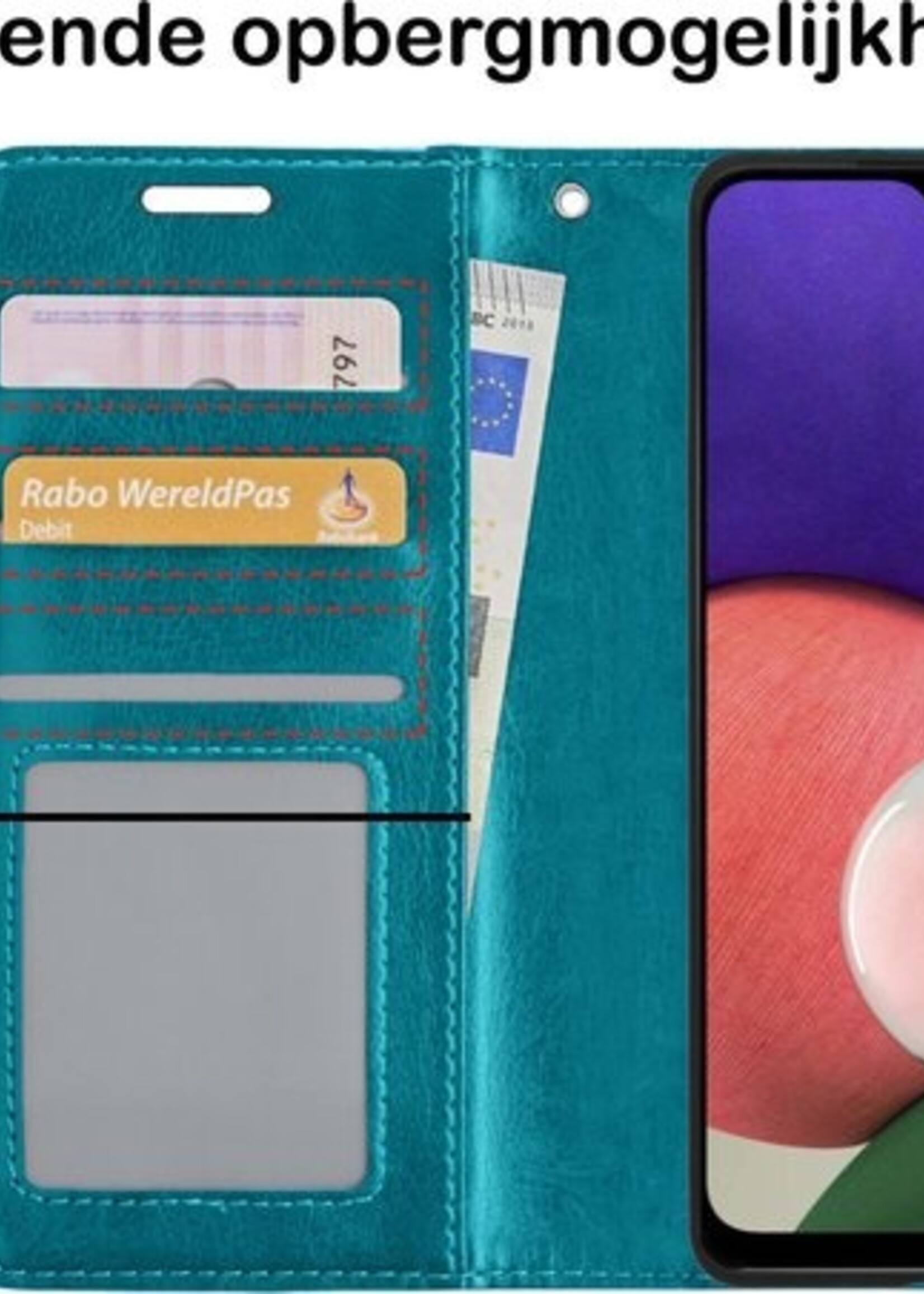 BTH Hoesje Geschikt voor Samsung A22 5G Hoesje Book Case Hoes Portemonnee Cover Walletcase Met Screenprotector - Hoes Geschikt voor Samsung Galaxy A22 5G Hoes Bookcase Hoesje - Turquoise