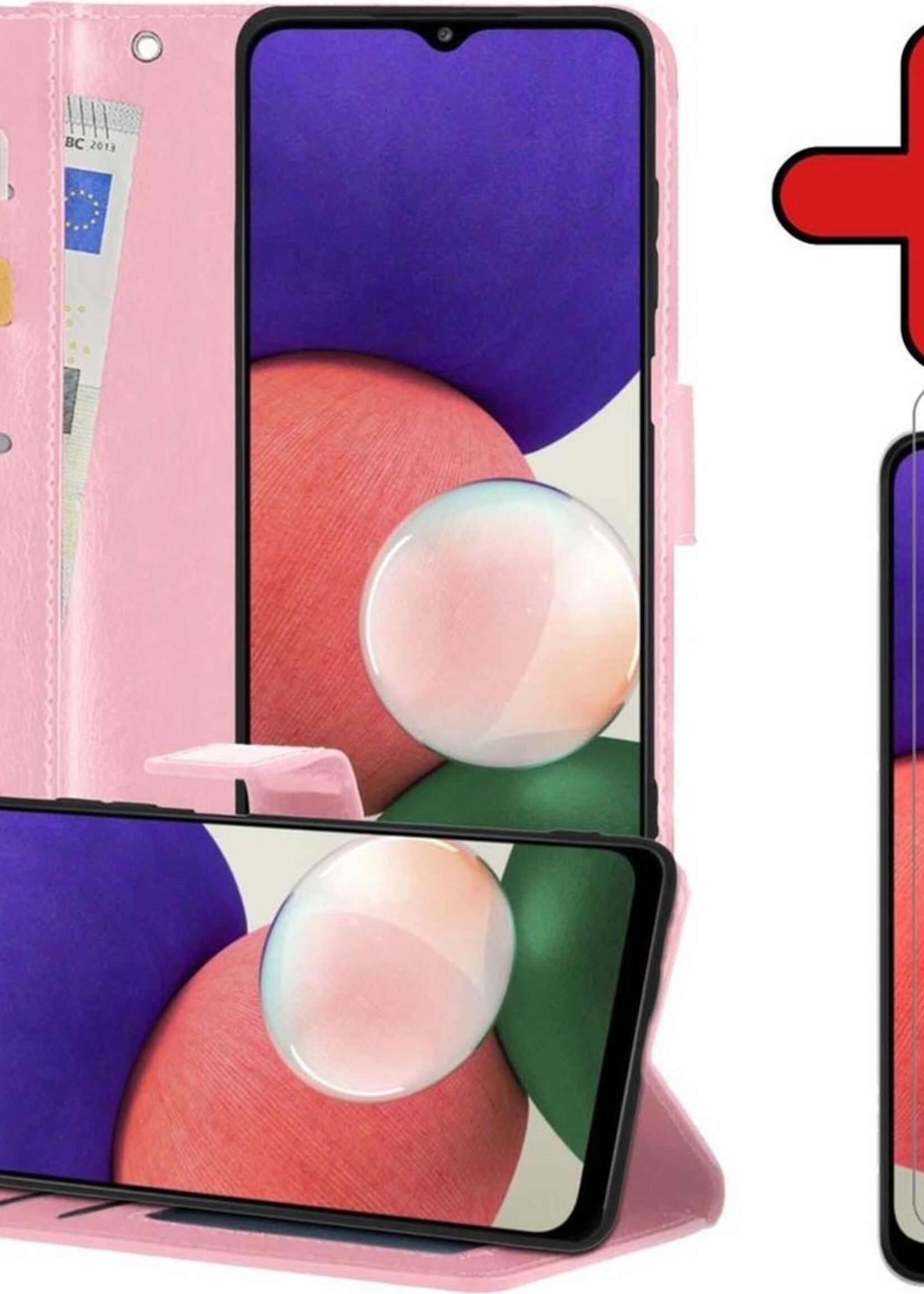 BTH Hoesje Geschikt voor Samsung A22 5G Hoesje Book Case Hoes Portemonnee Cover Walletcase Met Screenprotector - Hoes Geschikt voor Samsung Galaxy A22 5G Hoes Bookcase Hoesje - Lichtroze