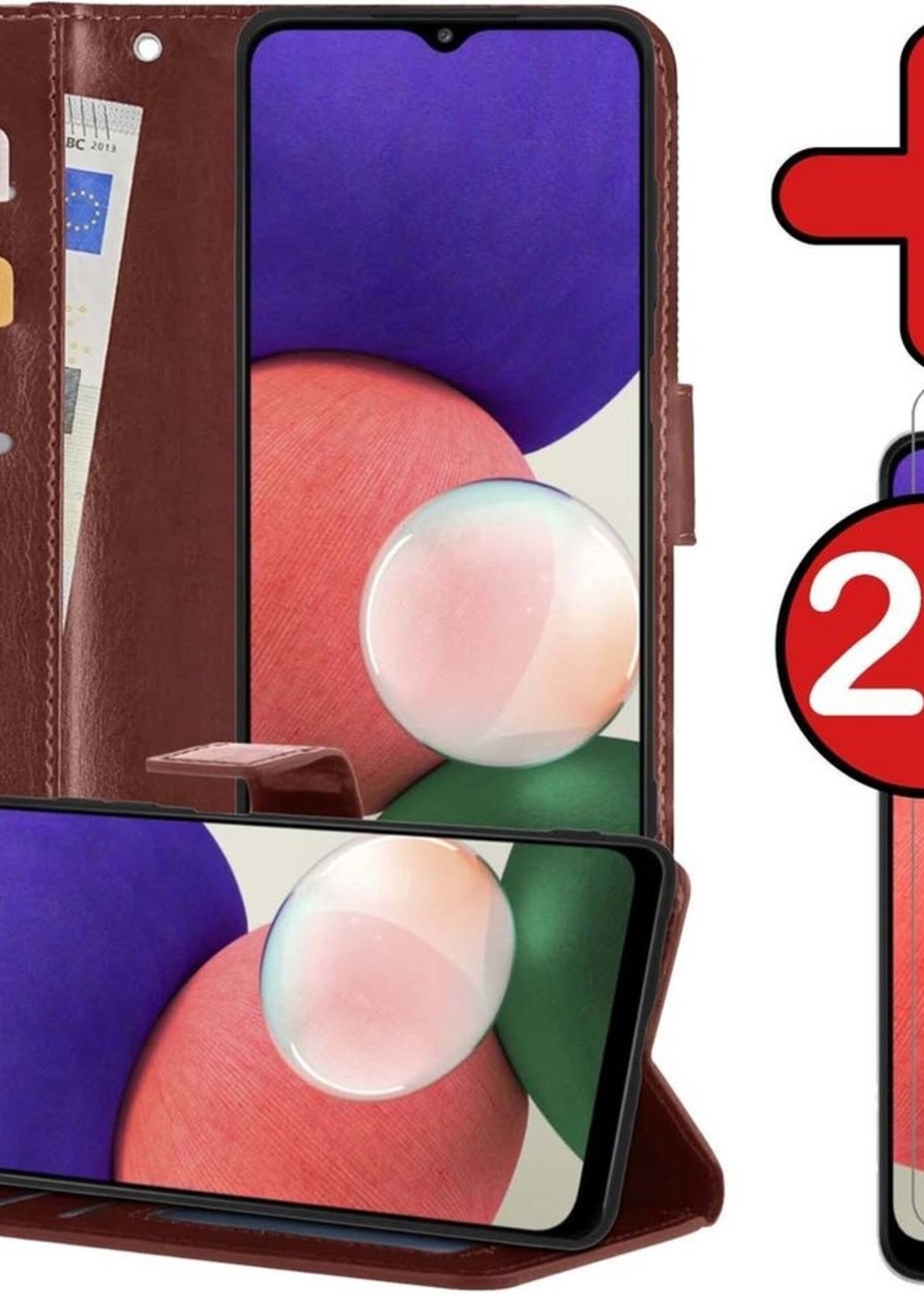 BTH Hoesje Geschikt voor Samsung A22 5G Hoesje Book Case Hoes Portemonnee Cover Walletcase Met 2x Screenprotector - Hoes Geschikt voor Samsung Galaxy A22 5G Hoes Bookcase Hoesje - Bruin