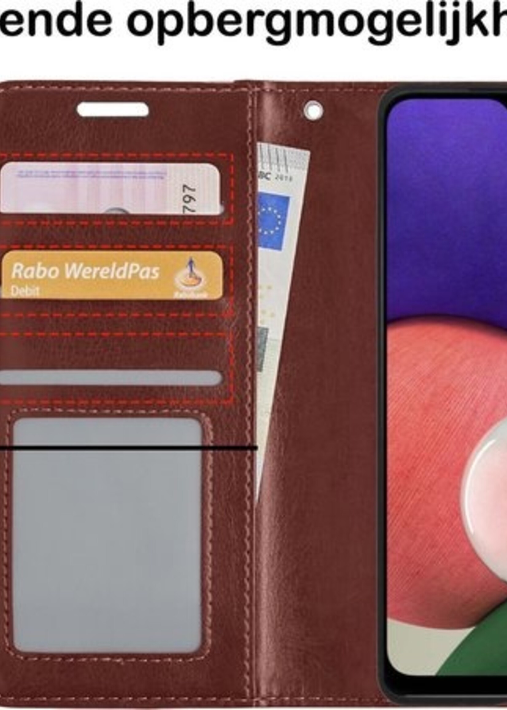 BTH Hoesje Geschikt voor Samsung A22 5G Hoesje Book Case Hoes Portemonnee Cover Walletcase Met 2x Screenprotector - Hoes Geschikt voor Samsung Galaxy A22 5G Hoes Bookcase Hoesje - Bruin