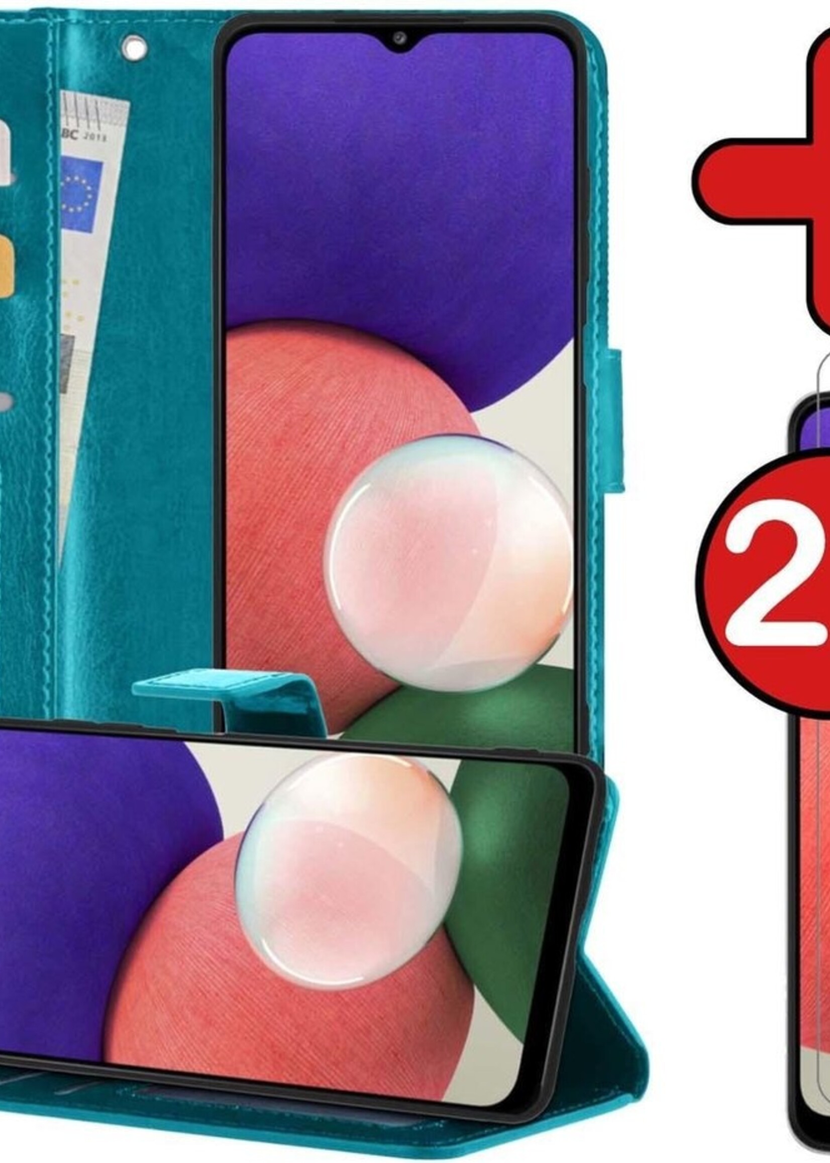 BTH Hoesje Geschikt voor Samsung A22 5G Hoesje Book Case Hoes Portemonnee Cover Walletcase Met 2x Screenprotector - Hoes Geschikt voor Samsung Galaxy A22 5G Hoes Bookcase Hoesje - Turquoise
