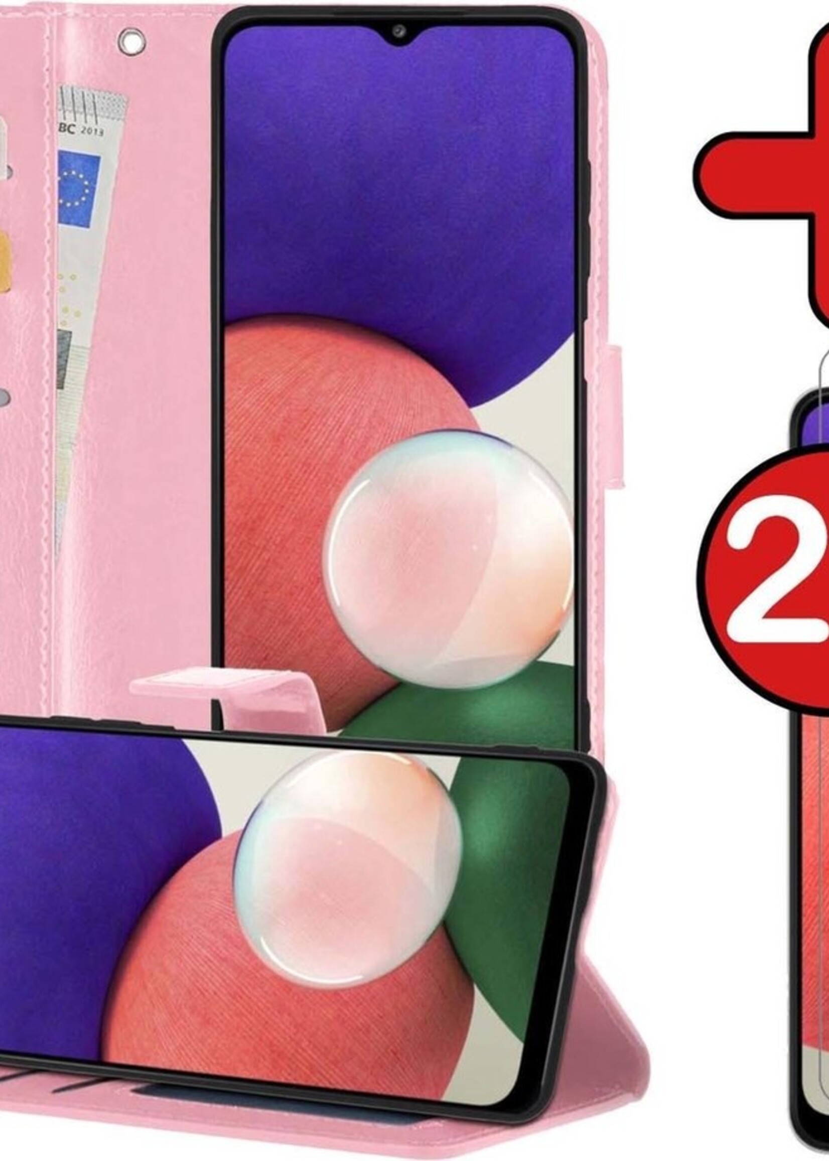 BTH Hoesje Geschikt voor Samsung A22 5G Hoesje Book Case Hoes Portemonnee Cover Walletcase Met 2x Screenprotector - Hoes Geschikt voor Samsung Galaxy A22 5G Hoes Bookcase Hoesje - Lichtroze