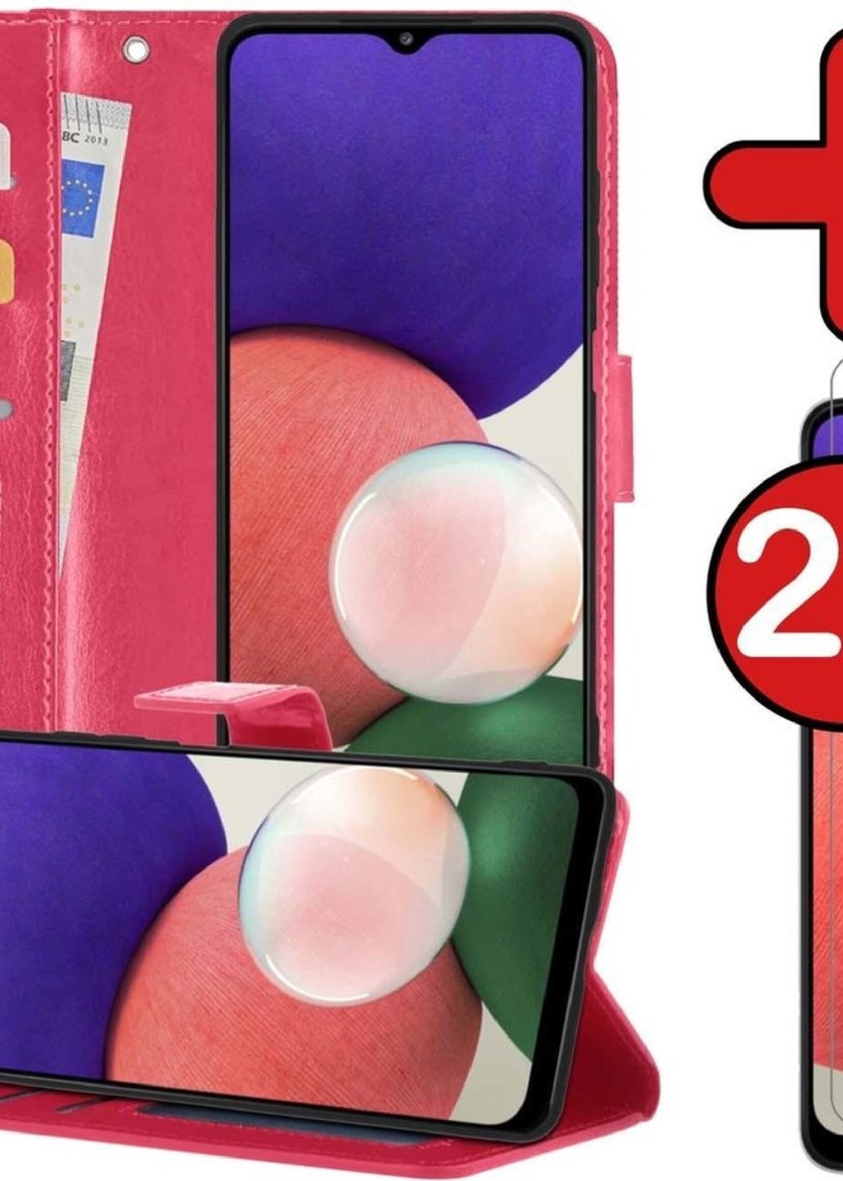 BTH Hoesje Geschikt voor Samsung A22 5G Hoesje Book Case Hoes Portemonnee Cover Walletcase Met 2x Screenprotector - Hoes Geschikt voor Samsung Galaxy A22 5G Hoes Bookcase Hoesje - Donkerroze