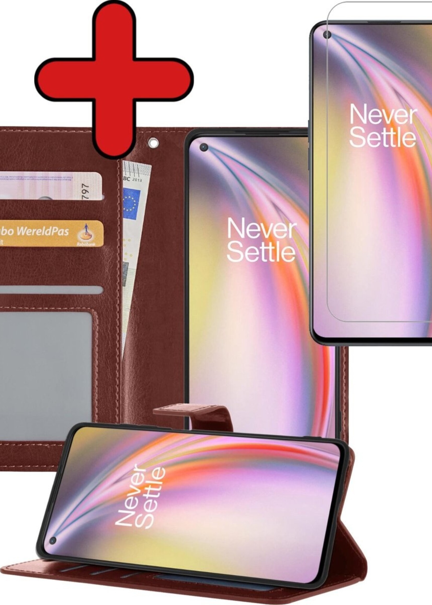 BTH Hoesje Geschikt voor OnePlus Nord CE Hoesje Book Case Hoes Portemonnee Cover Walletcase Met Screenprotector - Hoes Geschikt voor OnePlus Nord CE Hoes Bookcase Hoesje - Bruin