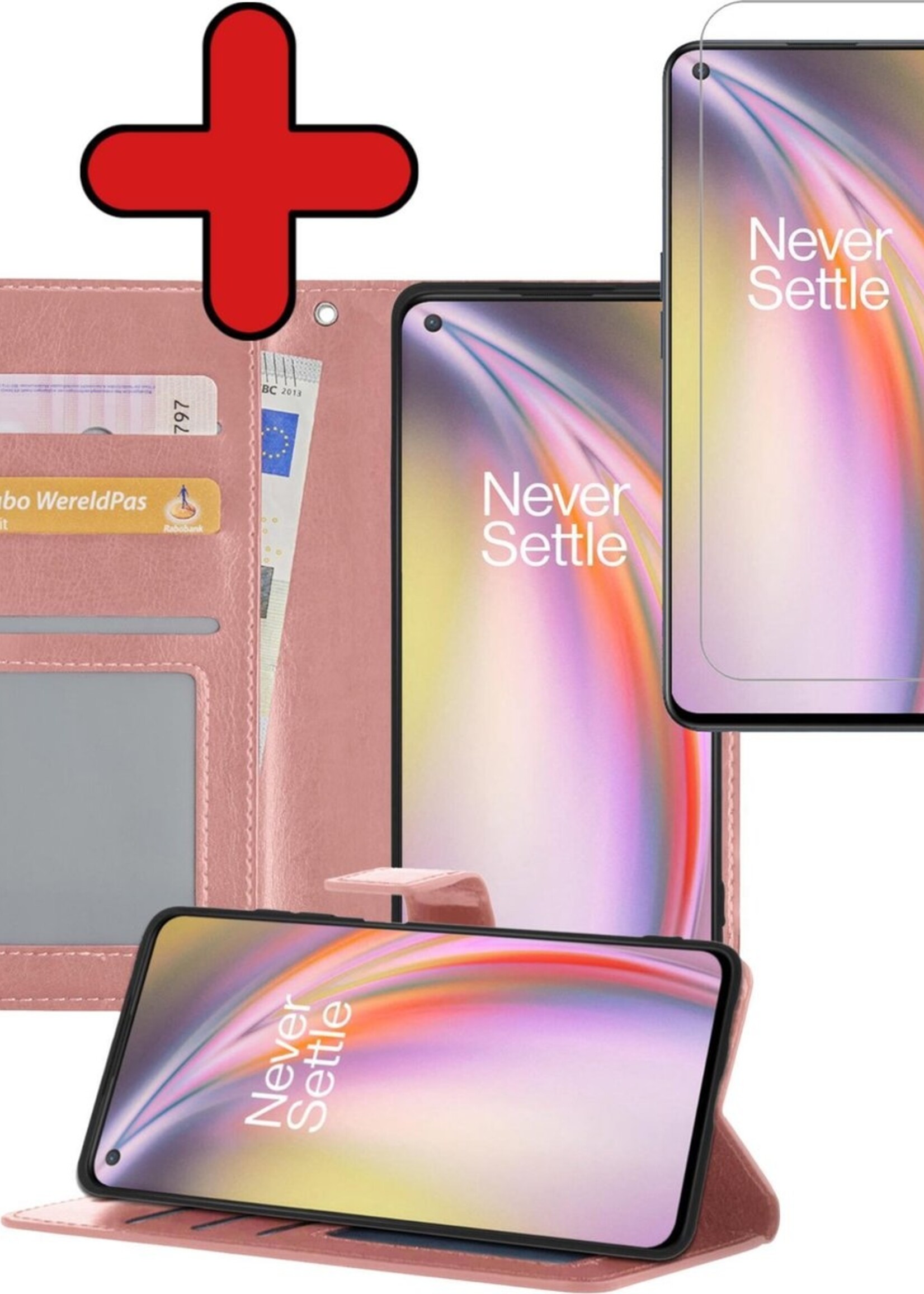 BTH Hoesje Geschikt voor OnePlus Nord CE Hoesje Book Case Hoes Portemonnee Cover Walletcase Met Screenprotector - Hoes Geschikt voor OnePlus Nord CE Hoes Bookcase Hoesje - Rosé goud