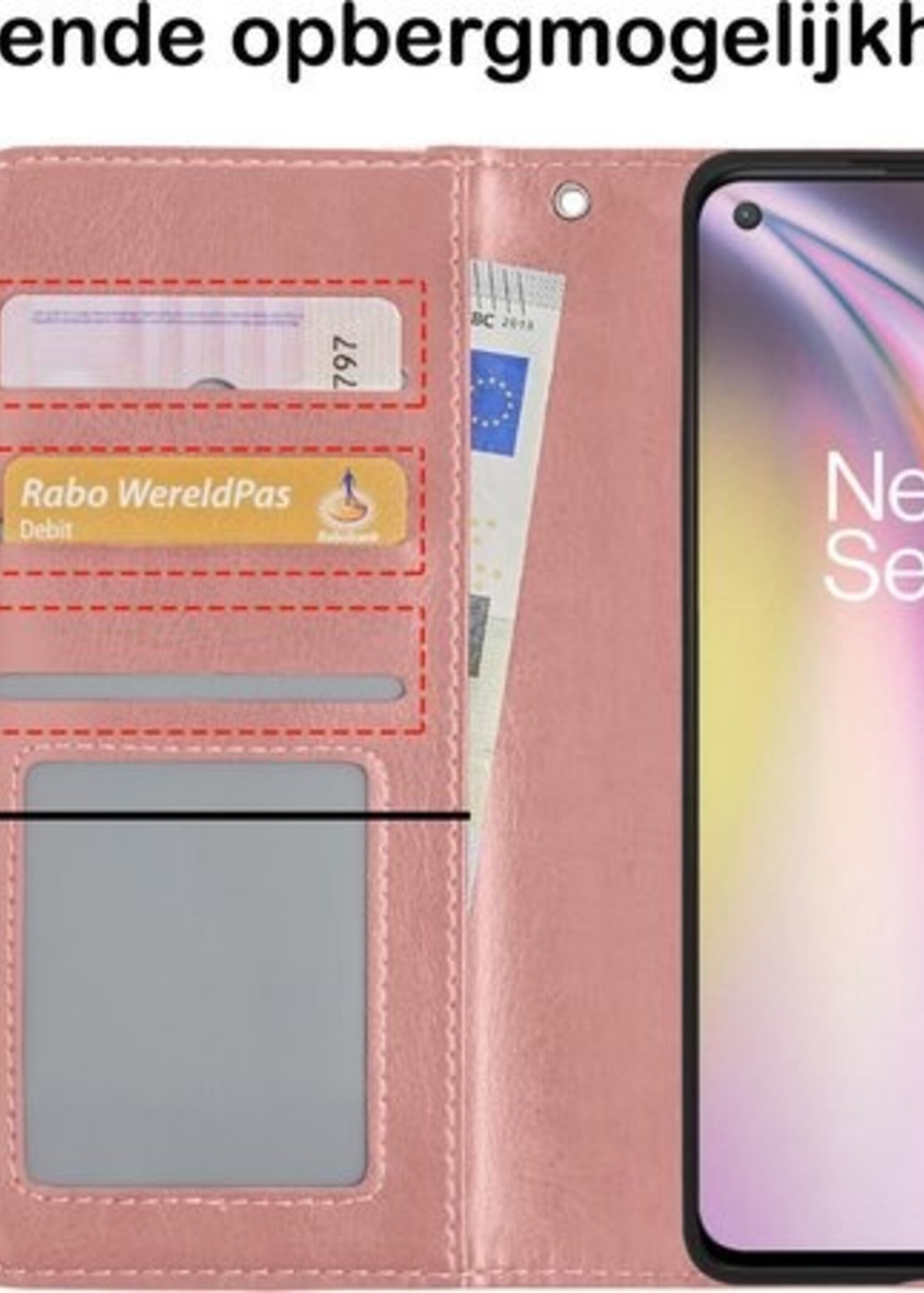 BTH Hoesje Geschikt voor OnePlus Nord CE Hoesje Book Case Hoes Portemonnee Cover Walletcase Met Screenprotector - Hoes Geschikt voor OnePlus Nord CE Hoes Bookcase Hoesje - Rosé goud