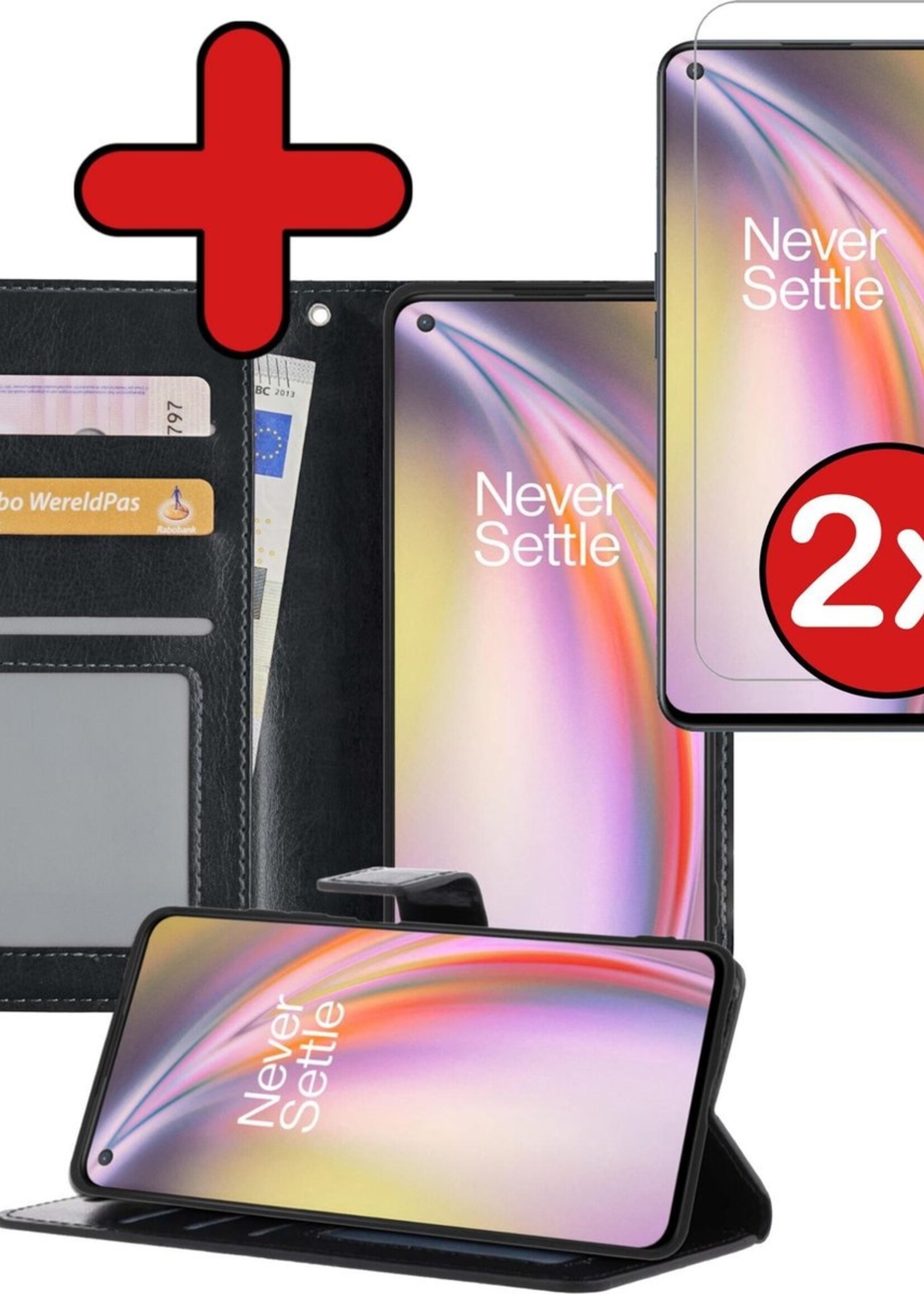 BTH Hoesje Geschikt voor OnePlus Nord CE Hoesje Book Case Hoes Portemonnee Cover Walletcase Met 2x Screenprotector - Hoes Geschikt voor OnePlus Nord CE Hoes Bookcase Hoesje - Zwart