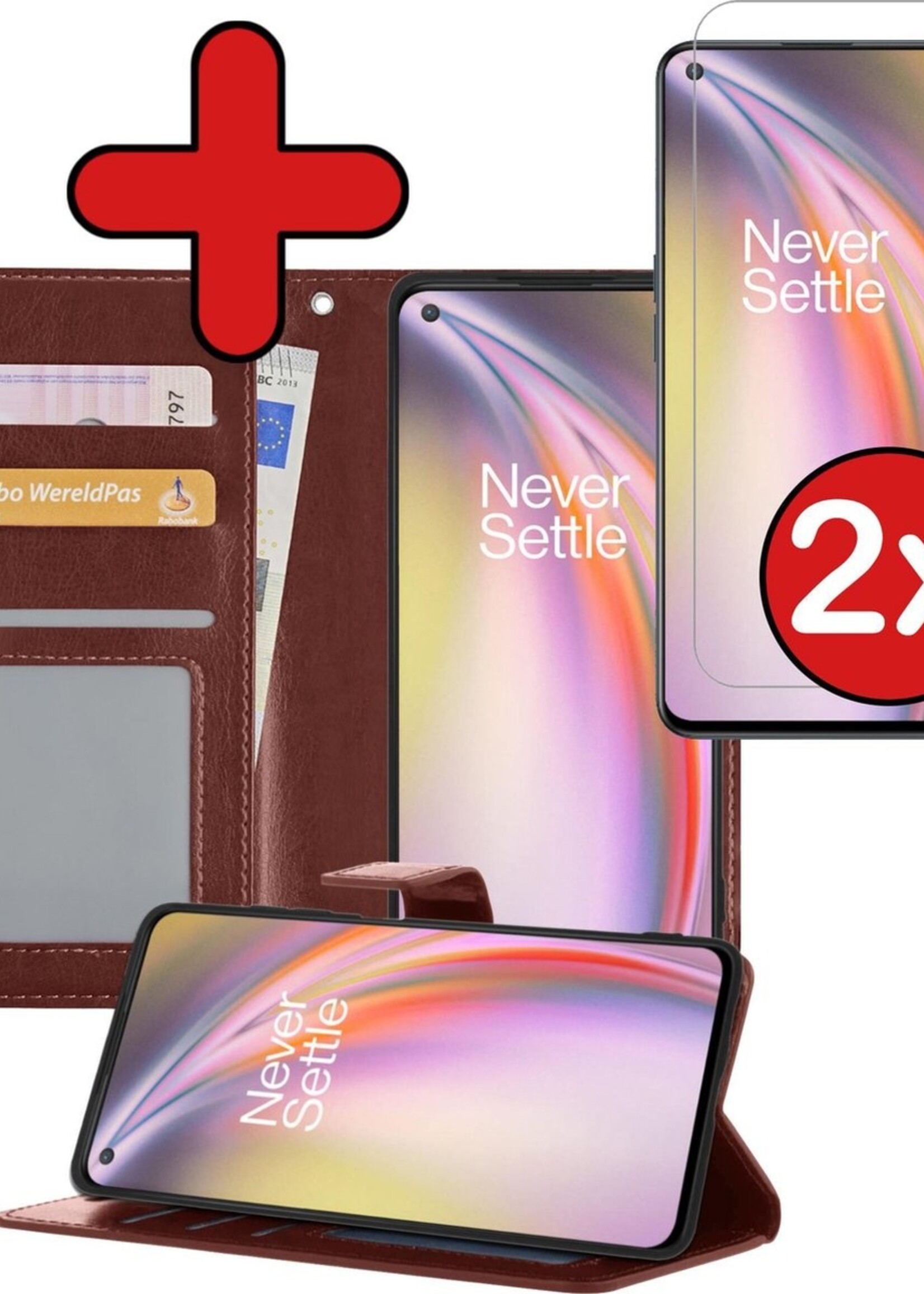 BTH Hoesje Geschikt voor OnePlus Nord CE Hoesje Book Case Hoes Portemonnee Cover Walletcase Met 2x Screenprotector - Hoes Geschikt voor OnePlus Nord CE Hoes Bookcase Hoesje - Bruin