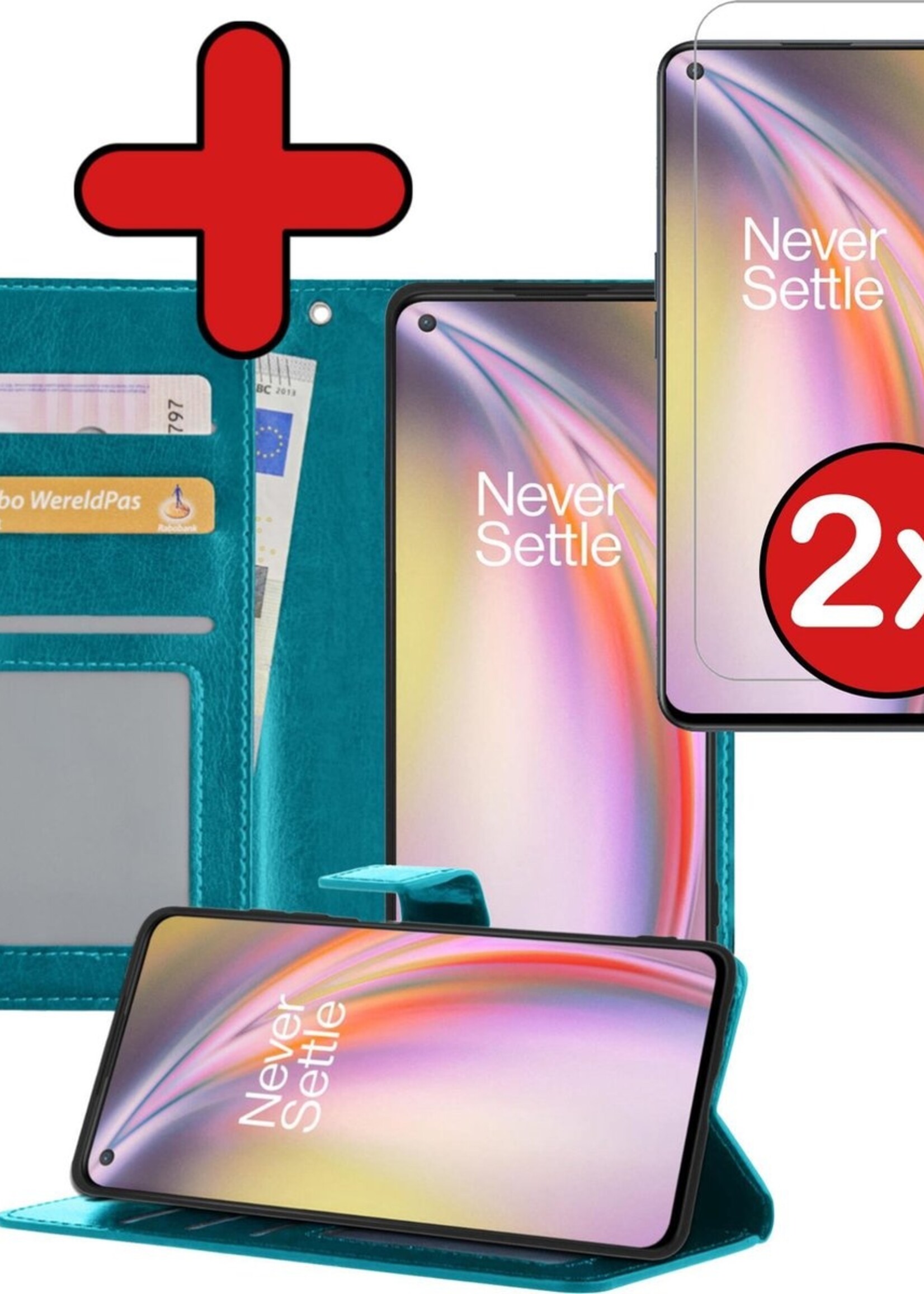 BTH Hoesje Geschikt voor OnePlus Nord CE Hoesje Book Case Hoes Portemonnee Cover Walletcase Met 2x Screenprotector - Hoes Geschikt voor OnePlus Nord CE Hoes Bookcase Hoesje - Turquoise