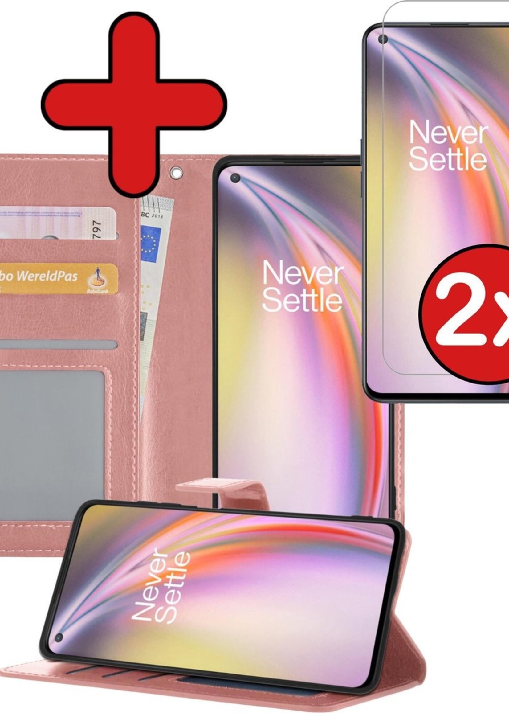 BTH Hoesje Geschikt voor OnePlus Nord CE Hoesje Book Case Hoes Portemonnee Cover Walletcase Met 2x Screenprotector - Hoes Geschikt voor OnePlus Nord CE Hoes Bookcase Hoesje - Rosé goud