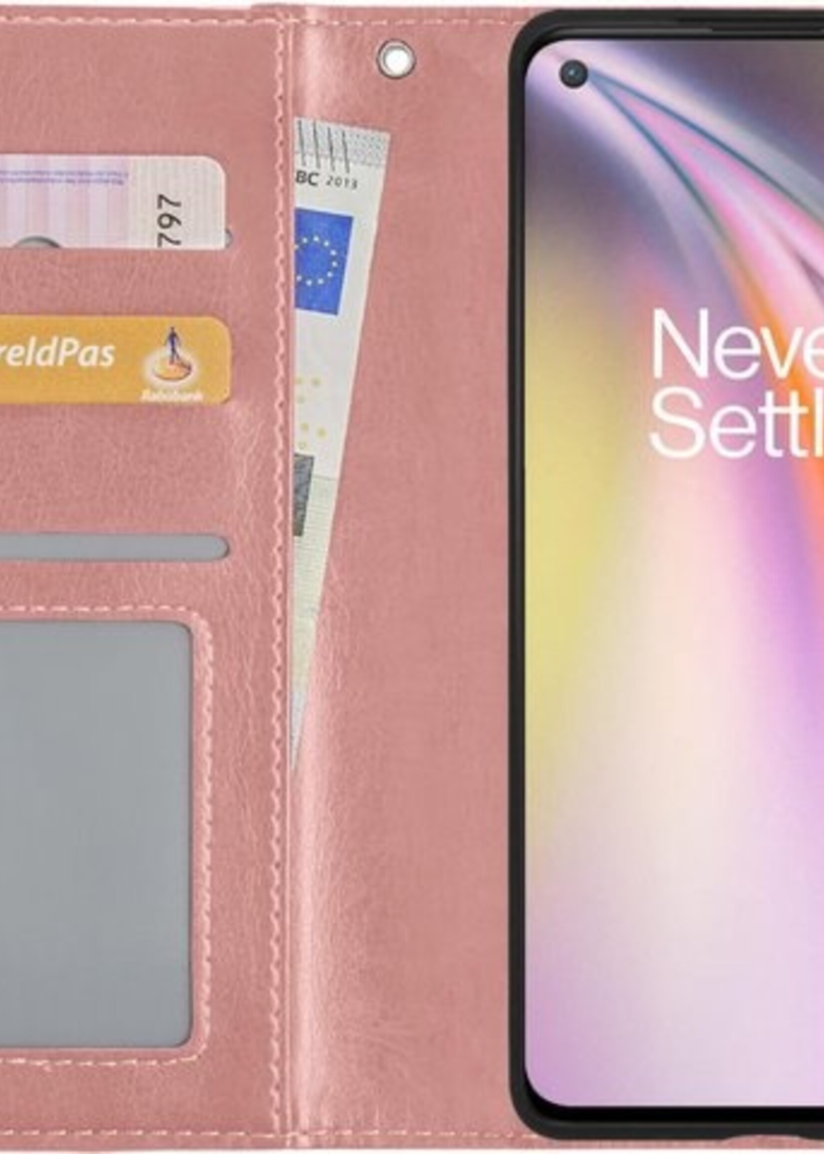 BTH Hoesje Geschikt voor OnePlus Nord CE Hoesje Book Case Hoes Portemonnee Cover Walletcase Met 2x Screenprotector - Hoes Geschikt voor OnePlus Nord CE Hoes Bookcase Hoesje - Rosé goud
