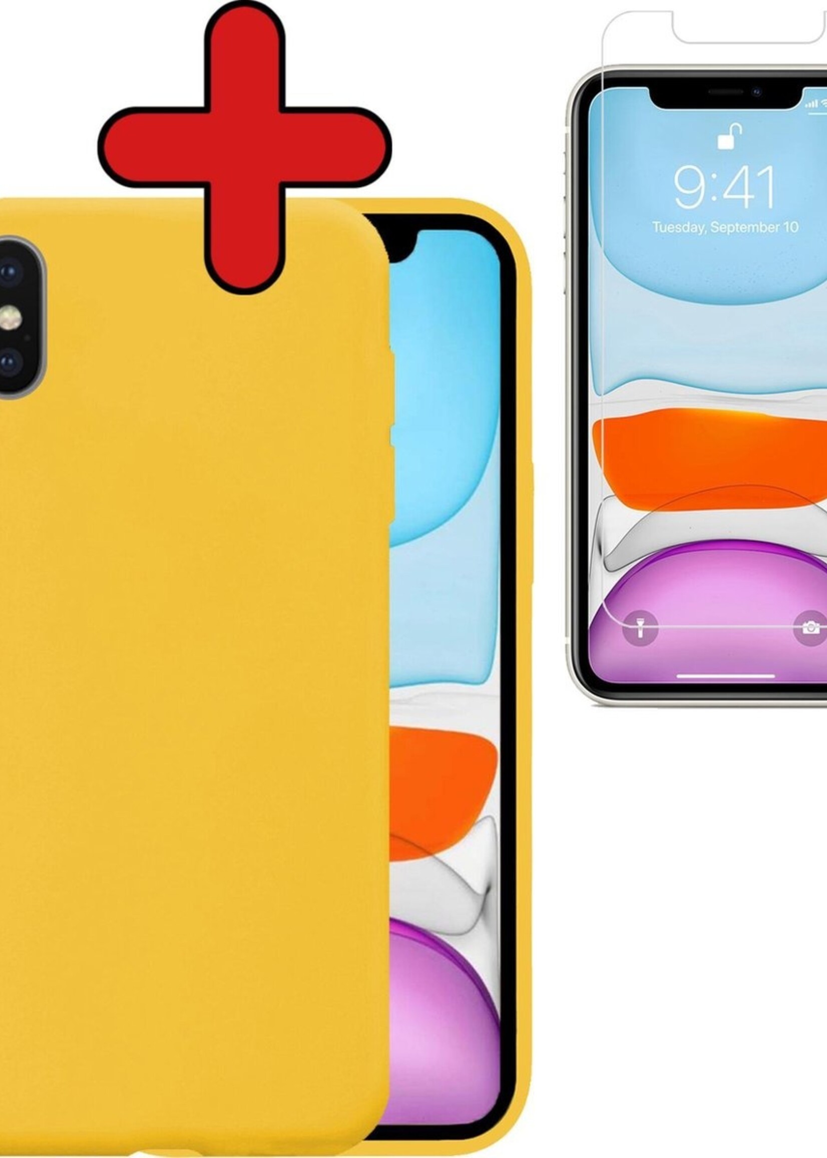 BTH Hoesje Geschikt voor iPhone X Hoesje Siliconen Case Hoes Met Screenprotector - Hoes Geschikt voor iPhone X Hoes Cover Case - Geel