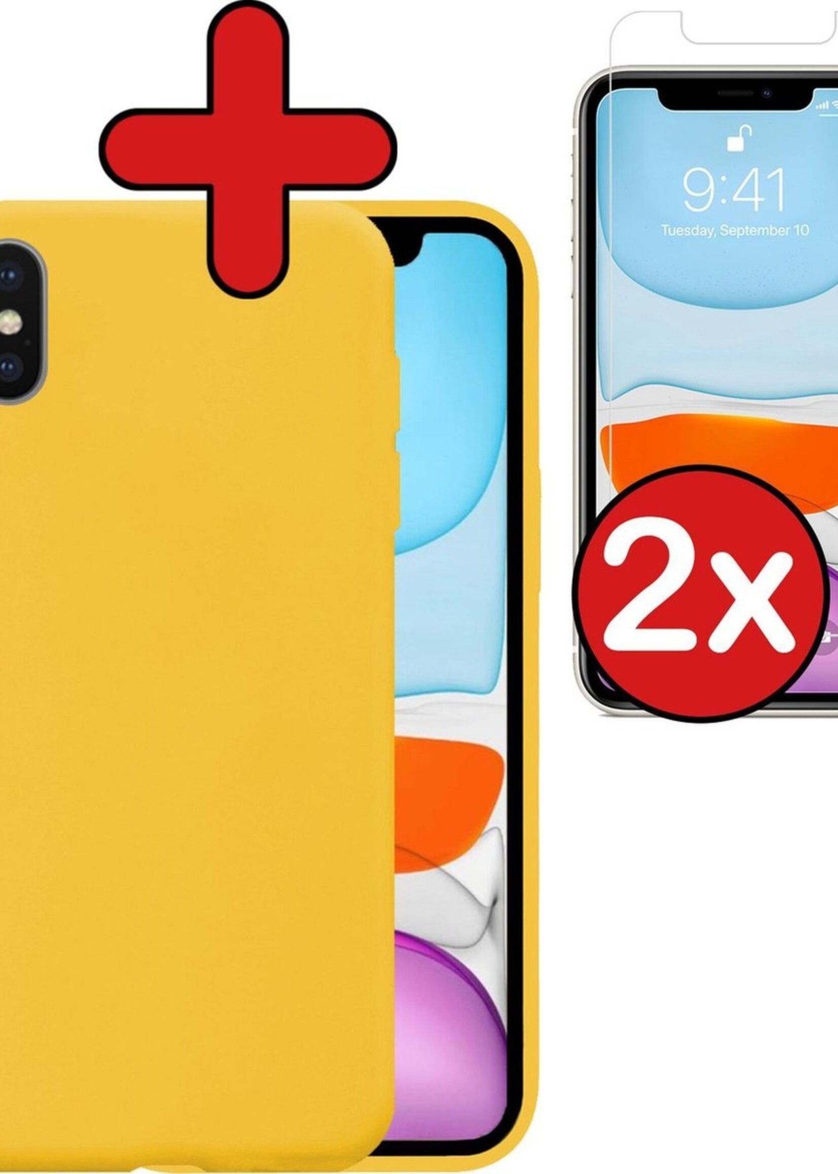 BTH Hoesje Geschikt voor iPhone X Hoesje Siliconen Case Hoes Met 2x Screenprotector - Hoes Geschikt voor iPhone X Hoes Cover Case - Geel