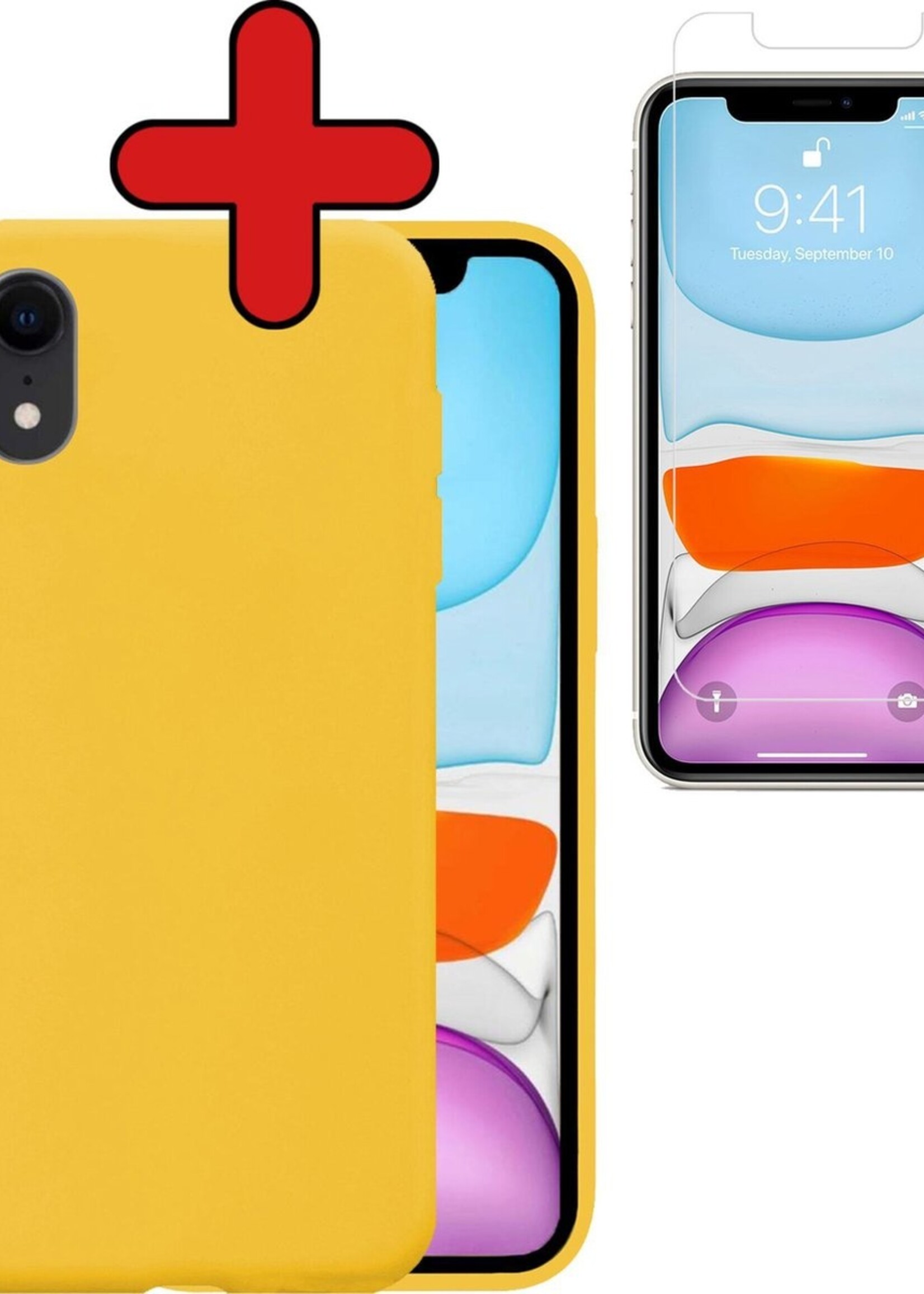BTH Hoesje Geschikt voor iPhone XR Hoesje Siliconen Case Hoes Met Screenprotector - Hoes Geschikt voor iPhone XR Hoes Cover Case - Geel