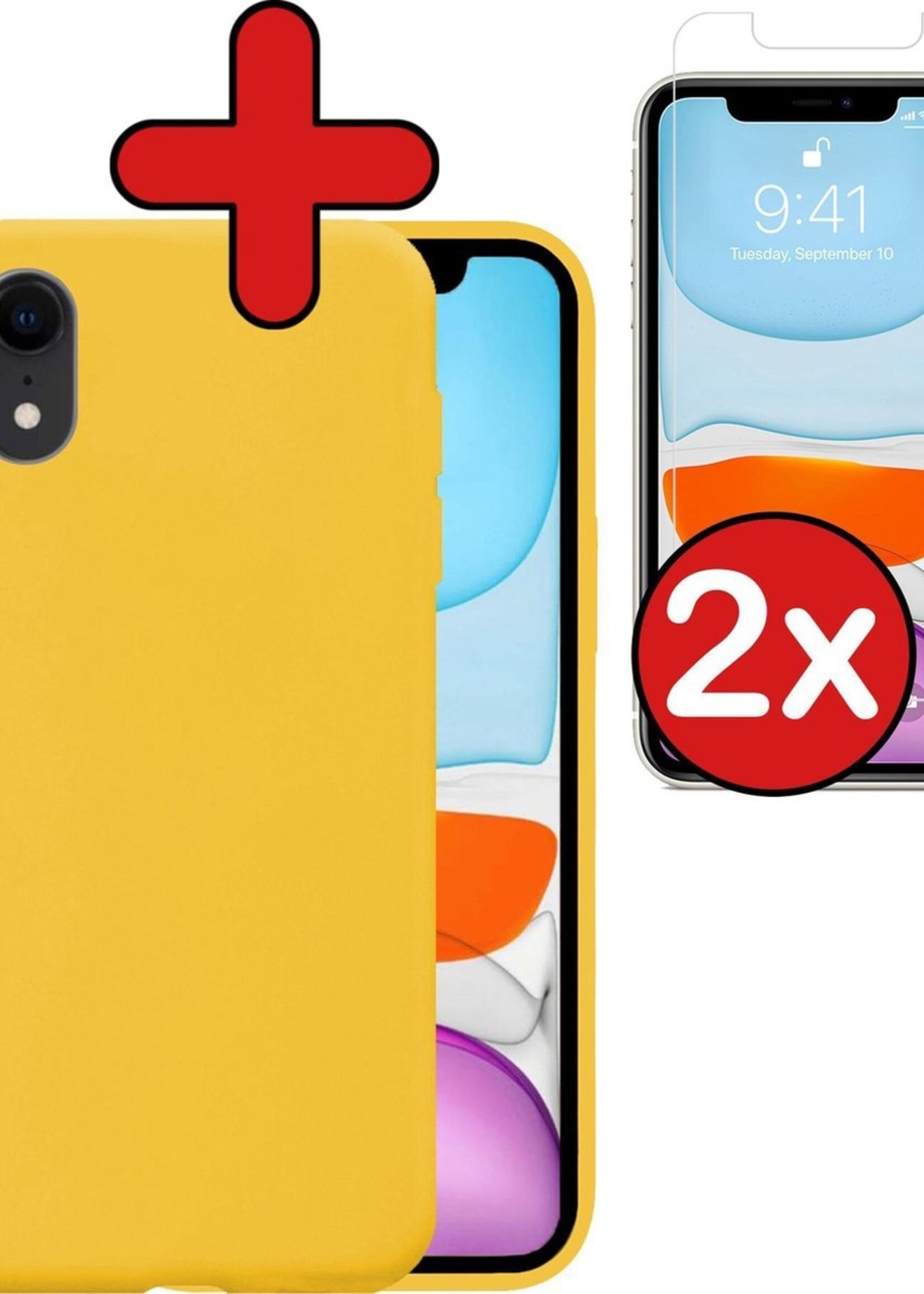 BTH Hoesje Geschikt voor iPhone XR Hoesje Siliconen Case Hoes Met 2x Screenprotector - Hoes Geschikt voor iPhone XR Hoes Cover Case - Geel