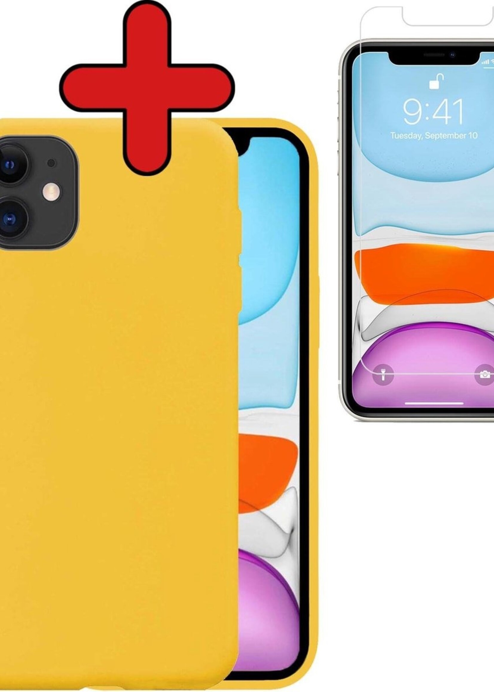 BTH Hoesje Geschikt voor iPhone 11 Hoesje Siliconen Case Hoes Met Screenprotector - Hoes Geschikt voor iPhone 11 Hoes Cover Case - Geel