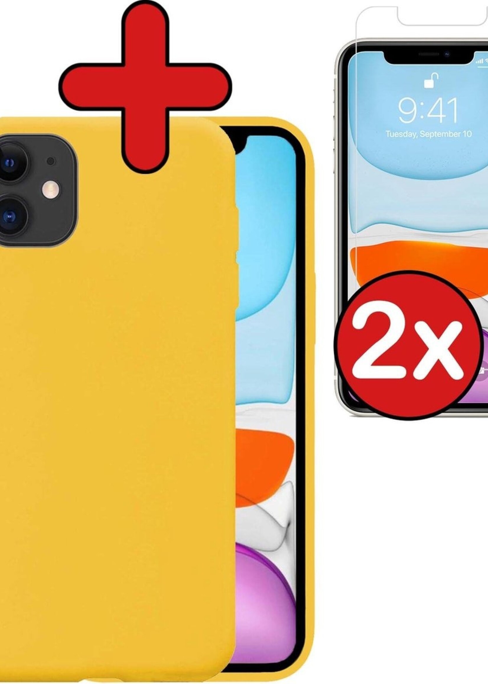 BTH Hoesje Geschikt voor iPhone 11 Hoesje Siliconen Case Hoes Met 2x Screenprotector - Hoes Geschikt voor iPhone 11 Hoes Cover Case - Geel