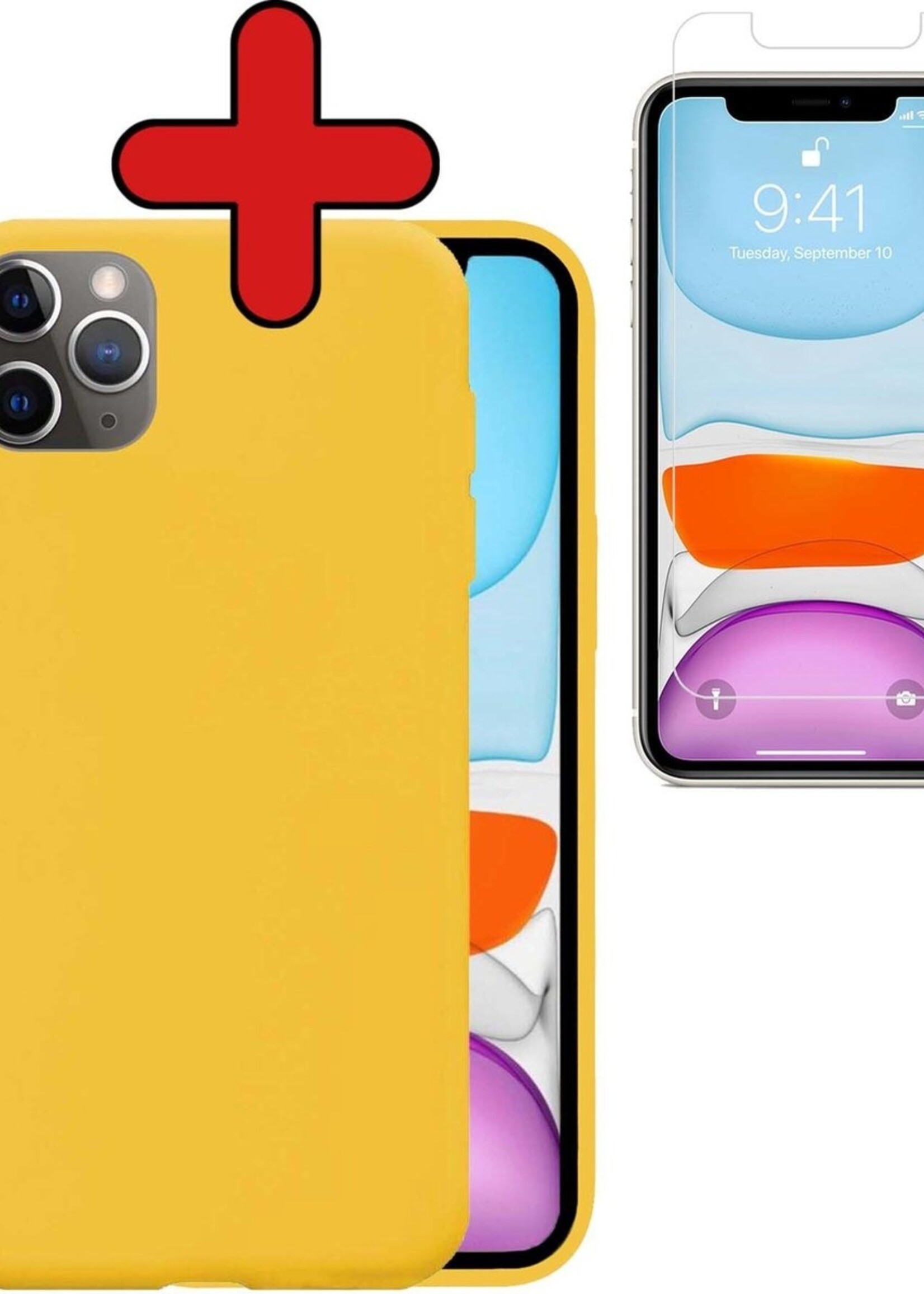 BTH Hoesje Geschikt voor iPhone 11 Pro Max Hoesje Siliconen Case Hoes Met Screenprotector - Hoes Geschikt voor iPhone 11 Pro Max Hoes Cover Case - Geel