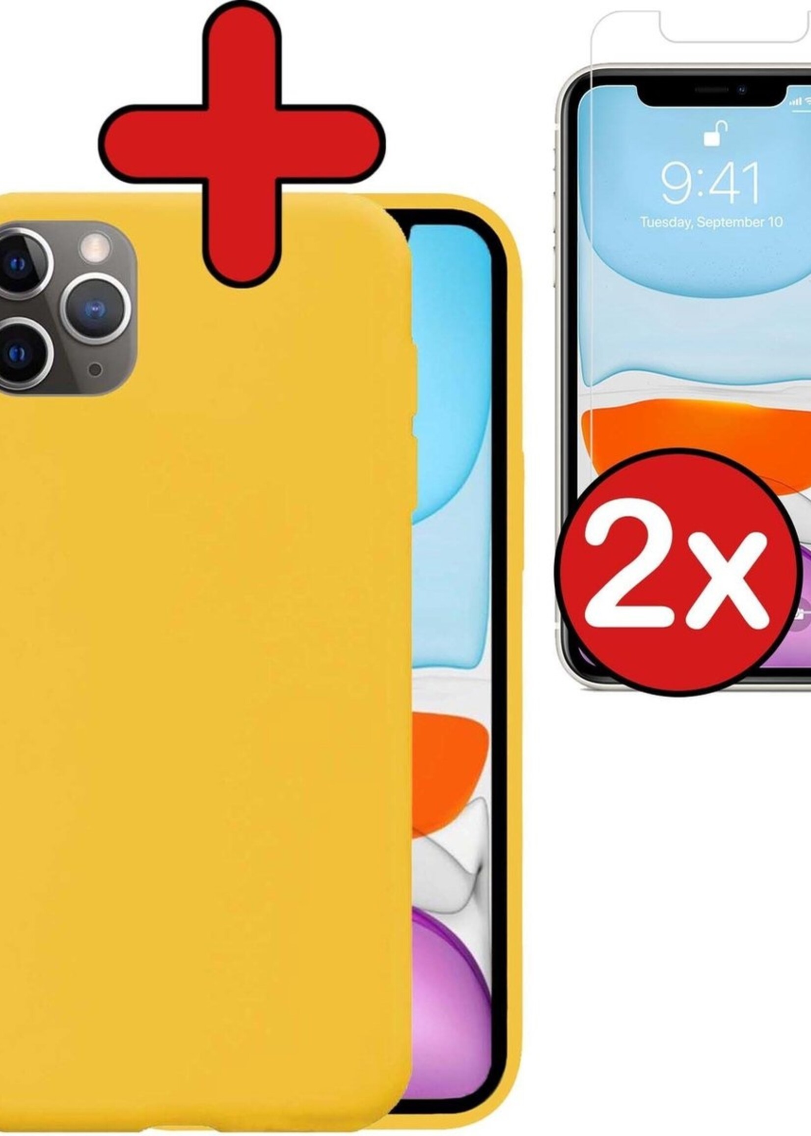 BTH Hoesje Geschikt voor iPhone 11 Pro Max Hoesje Siliconen Case Hoes Met 2x Screenprotector - Hoes Geschikt voor iPhone 11 Pro Max Hoes Cover Case - Geel