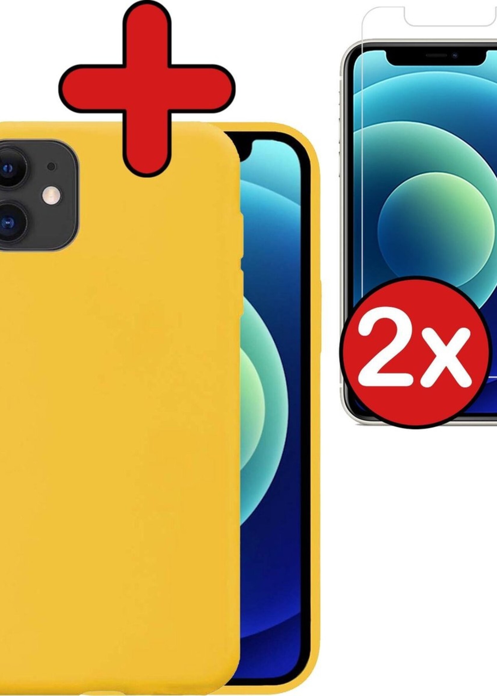 BTH Hoesje Geschikt voor iPhone 12 Mini Hoesje Siliconen Case Hoes Met 2x Screenprotector - Hoes Geschikt voor iPhone 12 Mini Hoes Cover Case - Geel