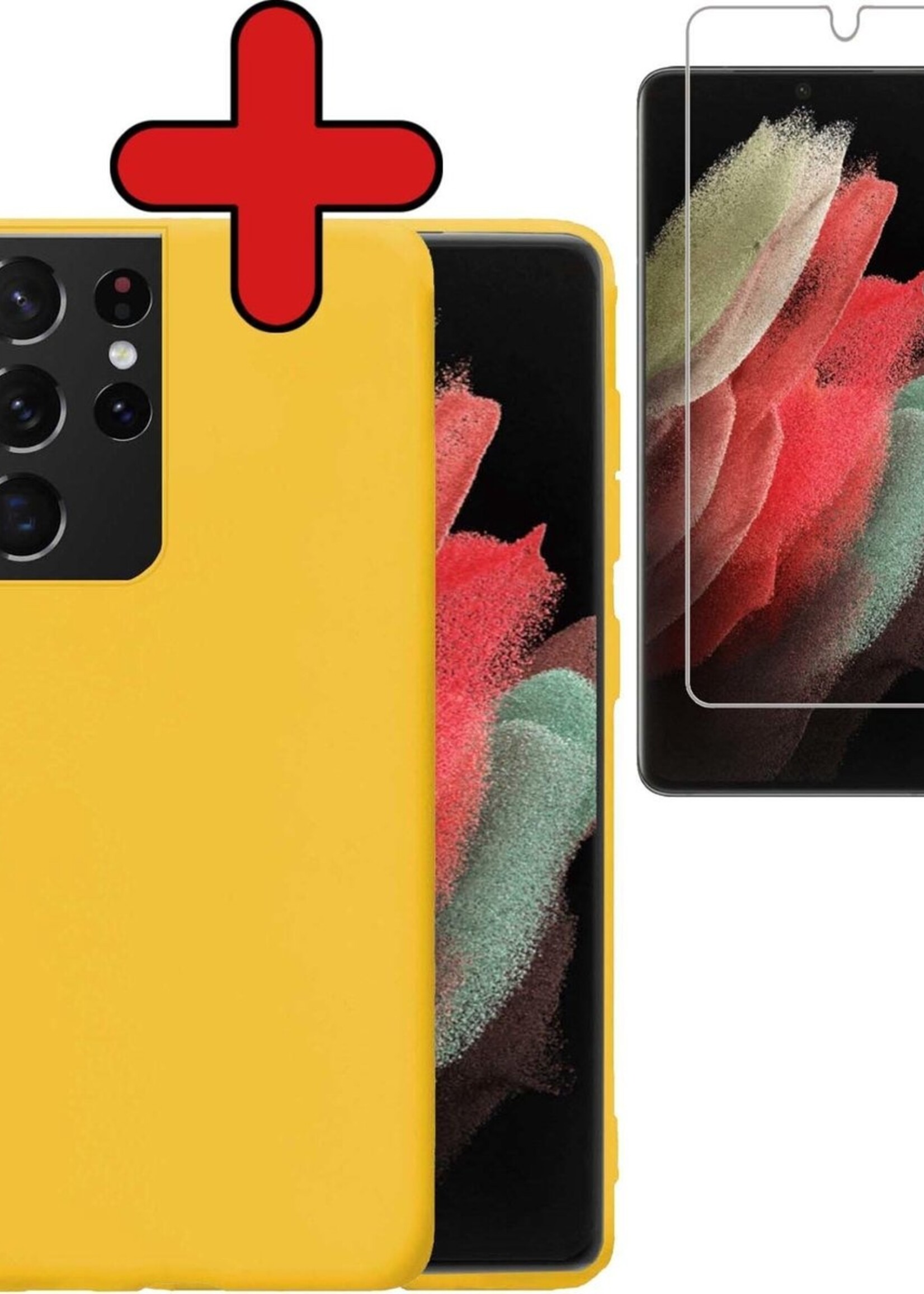 BTH Hoesje Geschikt voor Samsung S21 Ultra Hoesje Siliconen Case Hoes Met Screenprotector - Hoes Geschikt voor Samsung Galaxy S21 Ultra Hoes Cover Case - Geel