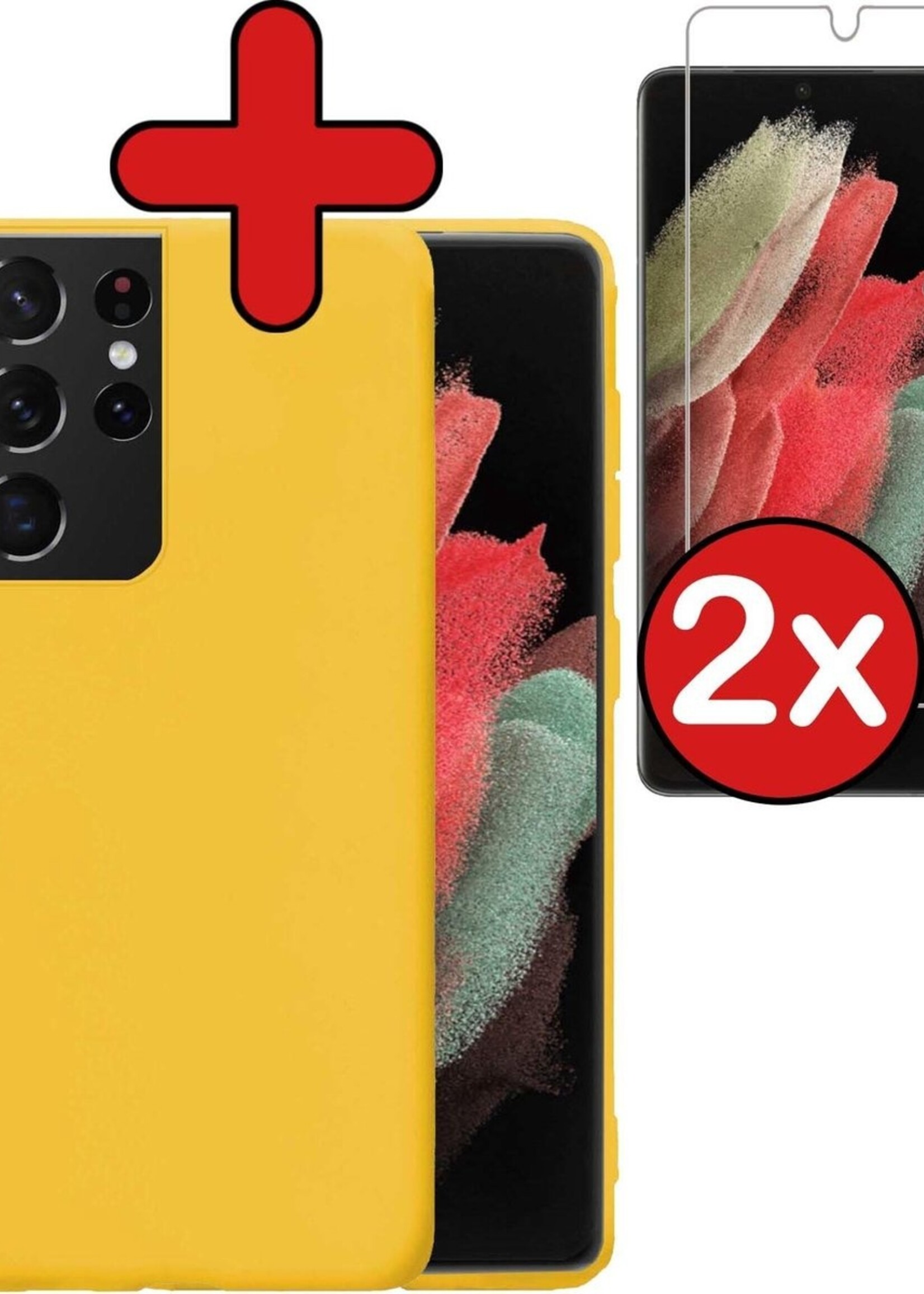 BTH Hoesje Geschikt voor Samsung S21 Ultra Hoesje Siliconen Case Hoes Met 2x Screenprotector - Hoes Geschikt voor Samsung Galaxy S21 Ultra Hoes Cover Case - Geel