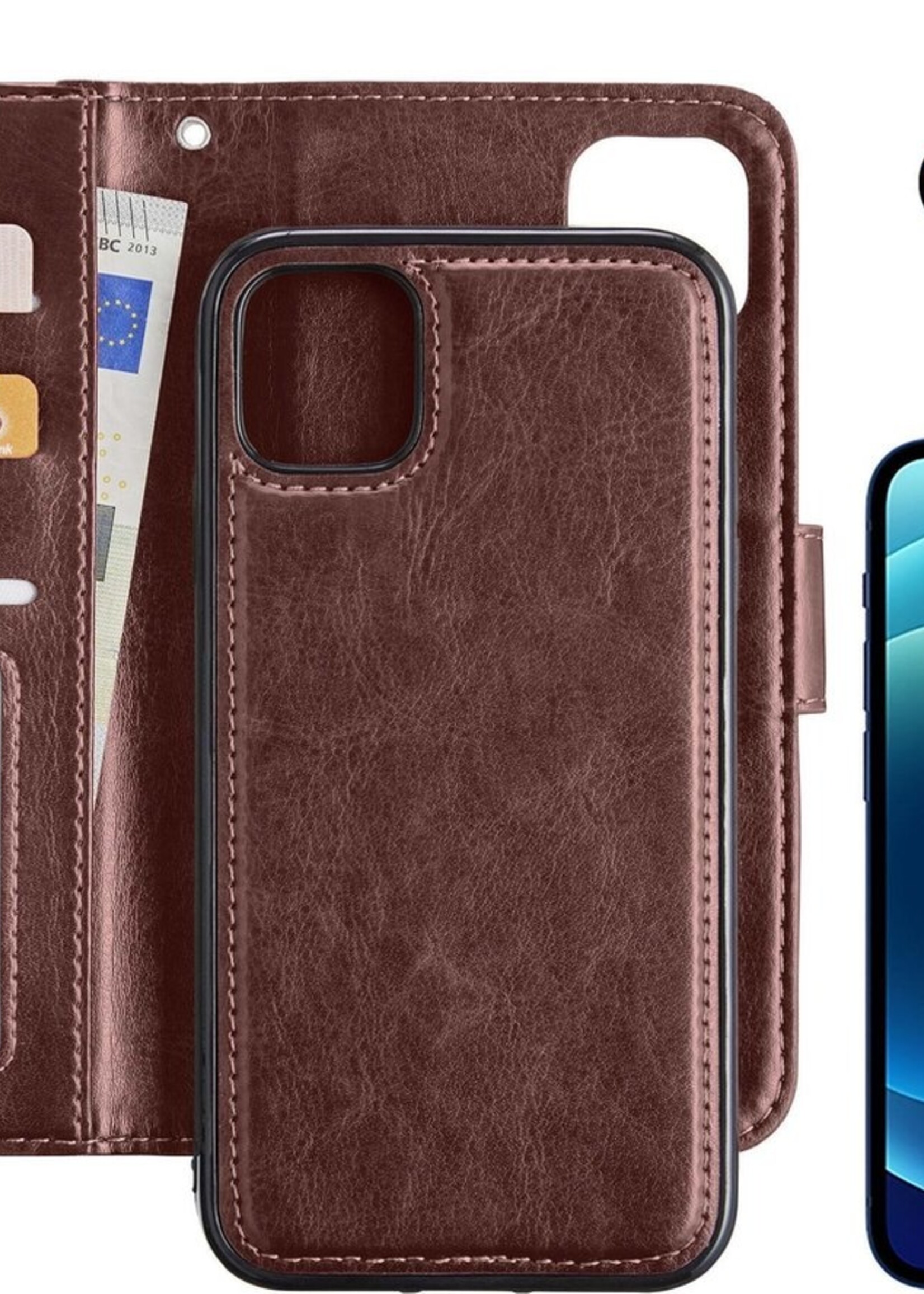 BTH Hoesje Geschikt voor iPhone 12 Hoesje Book Case Uitneembare 2-in-1 Hoes Met Screenprotector - Hoes Geschikt voor iPhone 12 Hoes Wallet Case Pashouder Hoesje - Bruin