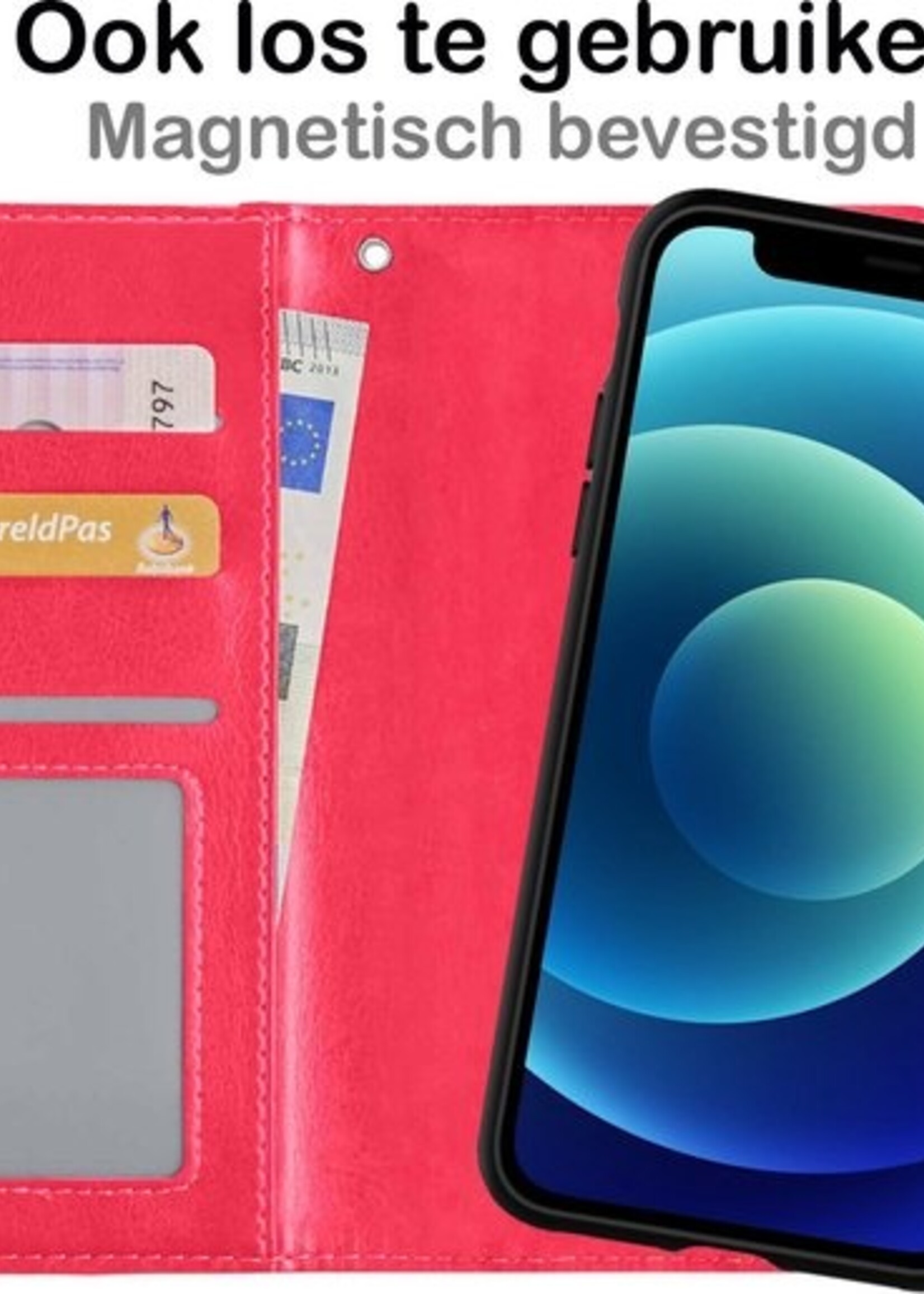 BTH Hoesje Geschikt voor iPhone 12 Hoesje Book Case Uitneembare 2-in-1 Hoes Met Screenprotector - Hoes Geschikt voor iPhone 12 Hoes Wallet Case Pashouder Hoesje - Donkerroze