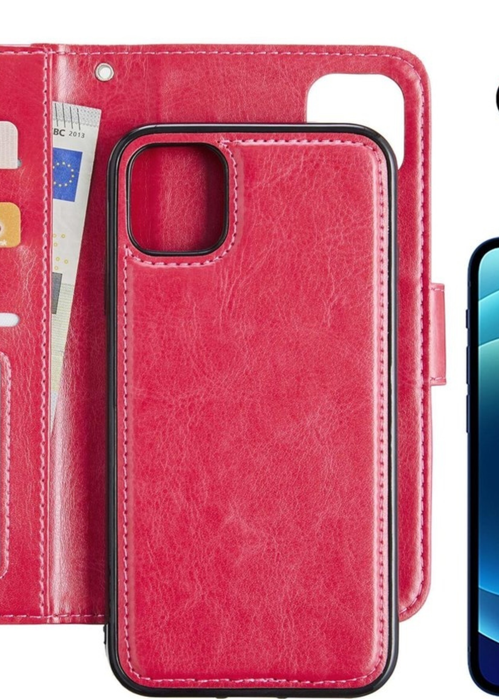 BTH Hoesje Geschikt voor iPhone 12 Pro Hoesje Book Case Uitneembare 2-in-1 Hoes Met Screenprotector - Hoes Geschikt voor iPhone 12 Pro Hoes Wallet Case Pashouder Hoesje - Donkerroze