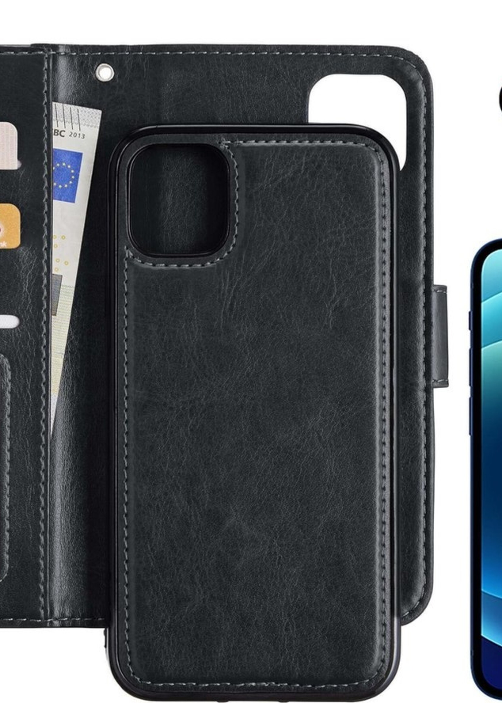 BTH Hoesje Geschikt voor iPhone 12 Pro Hoesje Book Case Uitneembare 2-in-1 Hoes Met Screenprotector - Hoes Geschikt voor iPhone 12 Pro Hoes Wallet Case Pashouder Hoesje - Zwart
