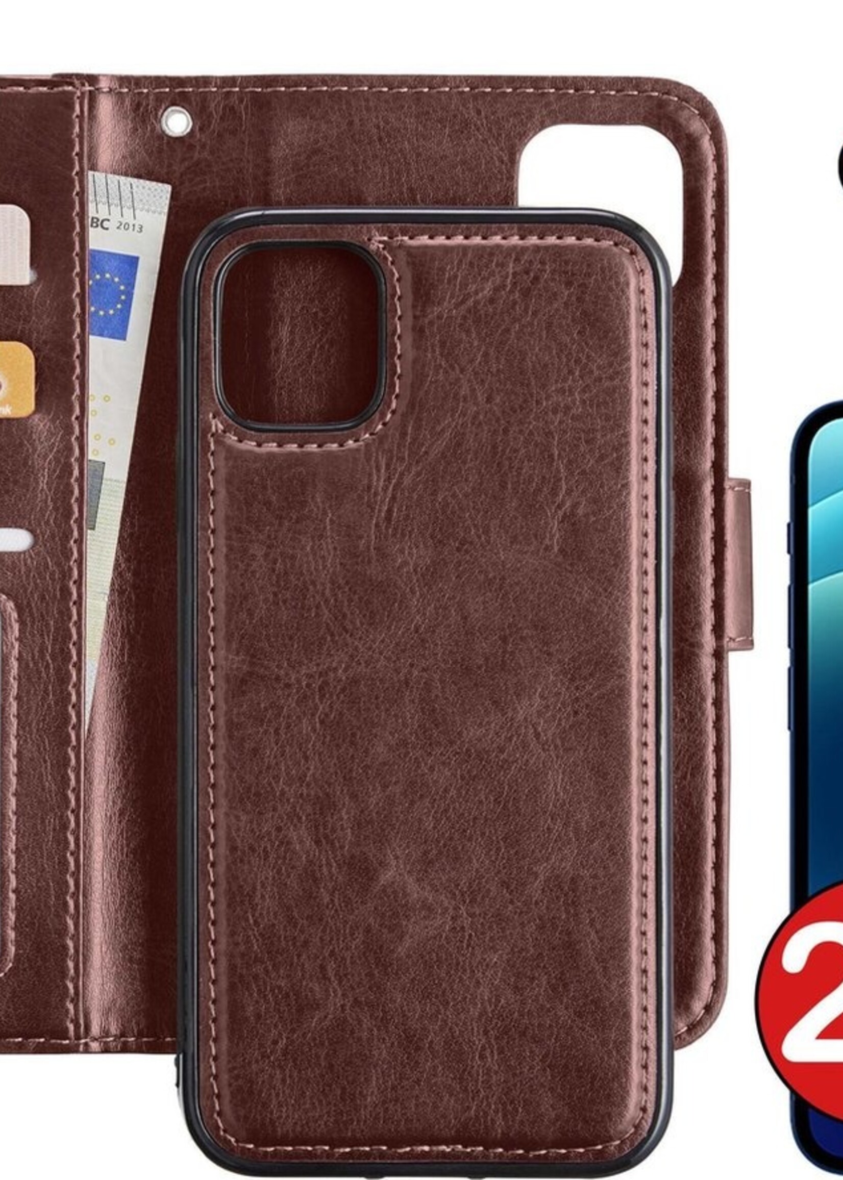 BTH Hoesje Geschikt voor iPhone 12 Pro Hoesje Book Case Uitneembare 2-in-1 Hoes Met 2x Screenprotector - Hoes Geschikt voor iPhone 12 Pro Hoes Wallet Case Pashouder Hoesje - Bruin