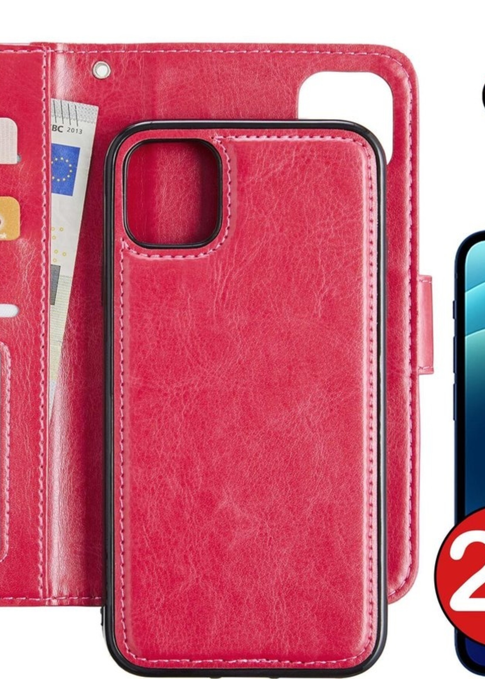 BTH Hoesje Geschikt voor iPhone 12 Pro Hoesje Book Case Uitneembare 2-in-1 Hoes Met 2x Screenprotector - Hoes Geschikt voor iPhone 12 Pro Hoes Wallet Case Pashouder Hoesje - Donkerroze