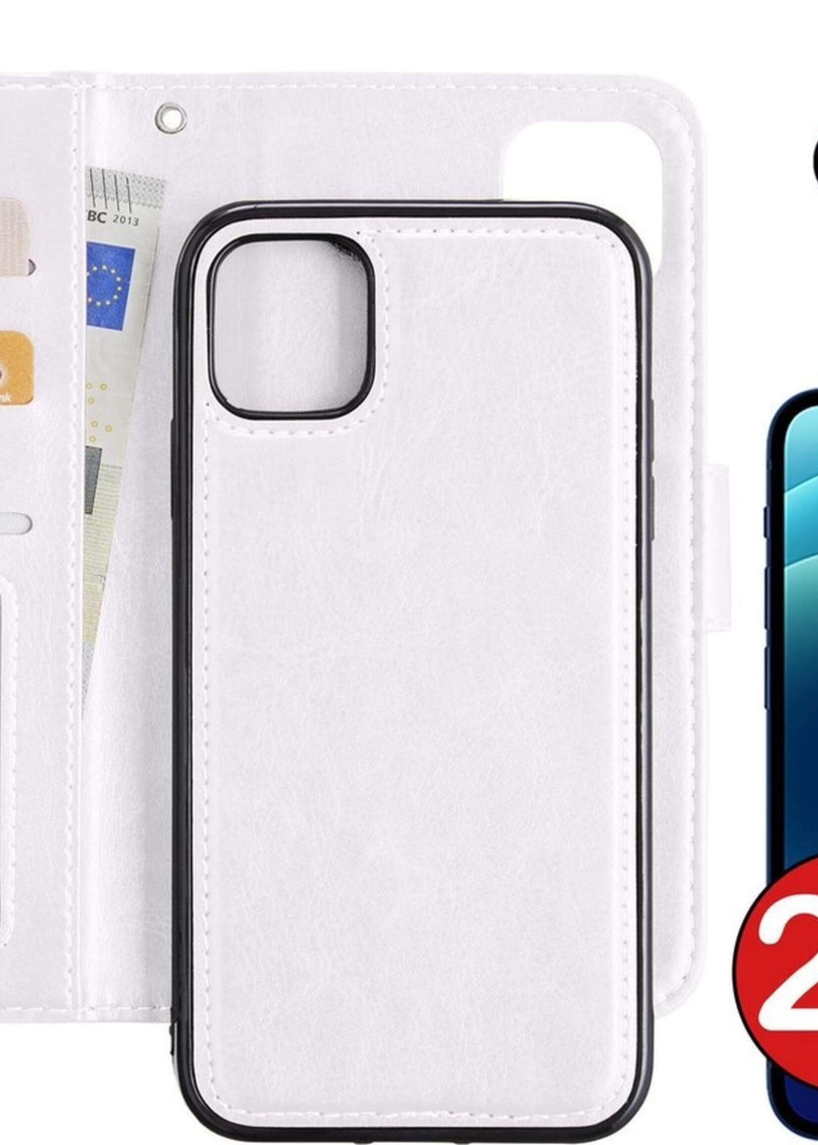 BTH Hoesje Geschikt voor iPhone 12 Pro Hoesje Book Case Uitneembare 2-in-1 Hoes Met 2x Screenprotector - Hoes Geschikt voor iPhone 12 Pro Hoes Wallet Case Pashouder Hoesje - Wit