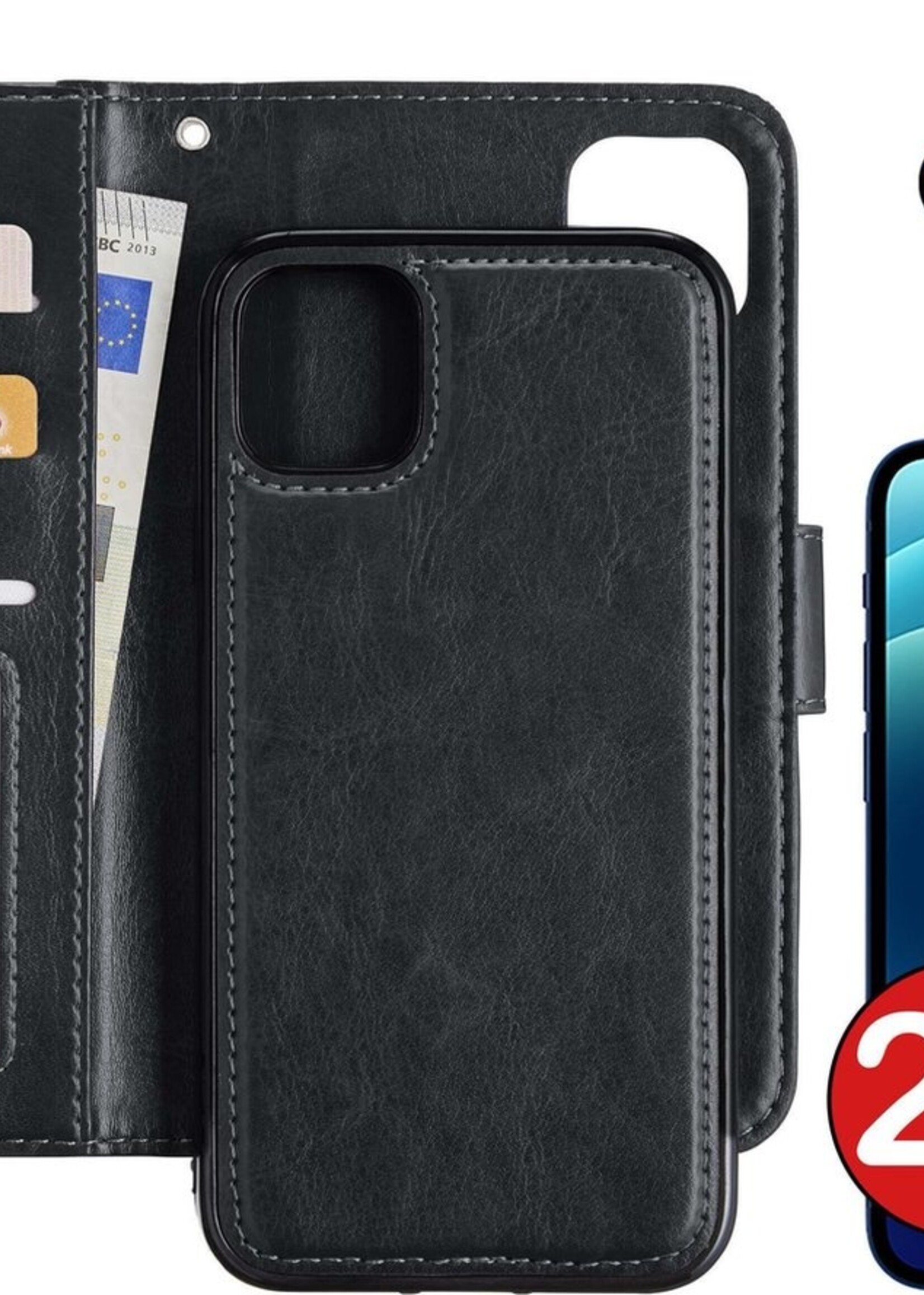 BTH Hoesje Geschikt voor iPhone 12 Pro Hoesje Book Case Uitneembare 2-in-1 Hoes Met 2x Screenprotector - Hoes Geschikt voor iPhone 12 Pro Hoes Wallet Case Pashouder Hoesje - Zwart
