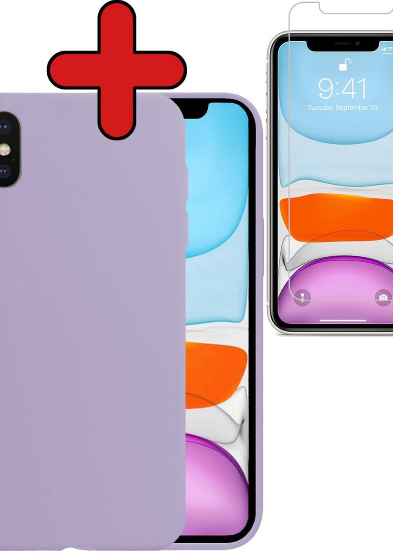 BTH Hoesje Geschikt voor iPhone X Hoesje Siliconen Case Hoes Met Screenprotector - Hoes Geschikt voor iPhone X Hoes Cover Case - Lila