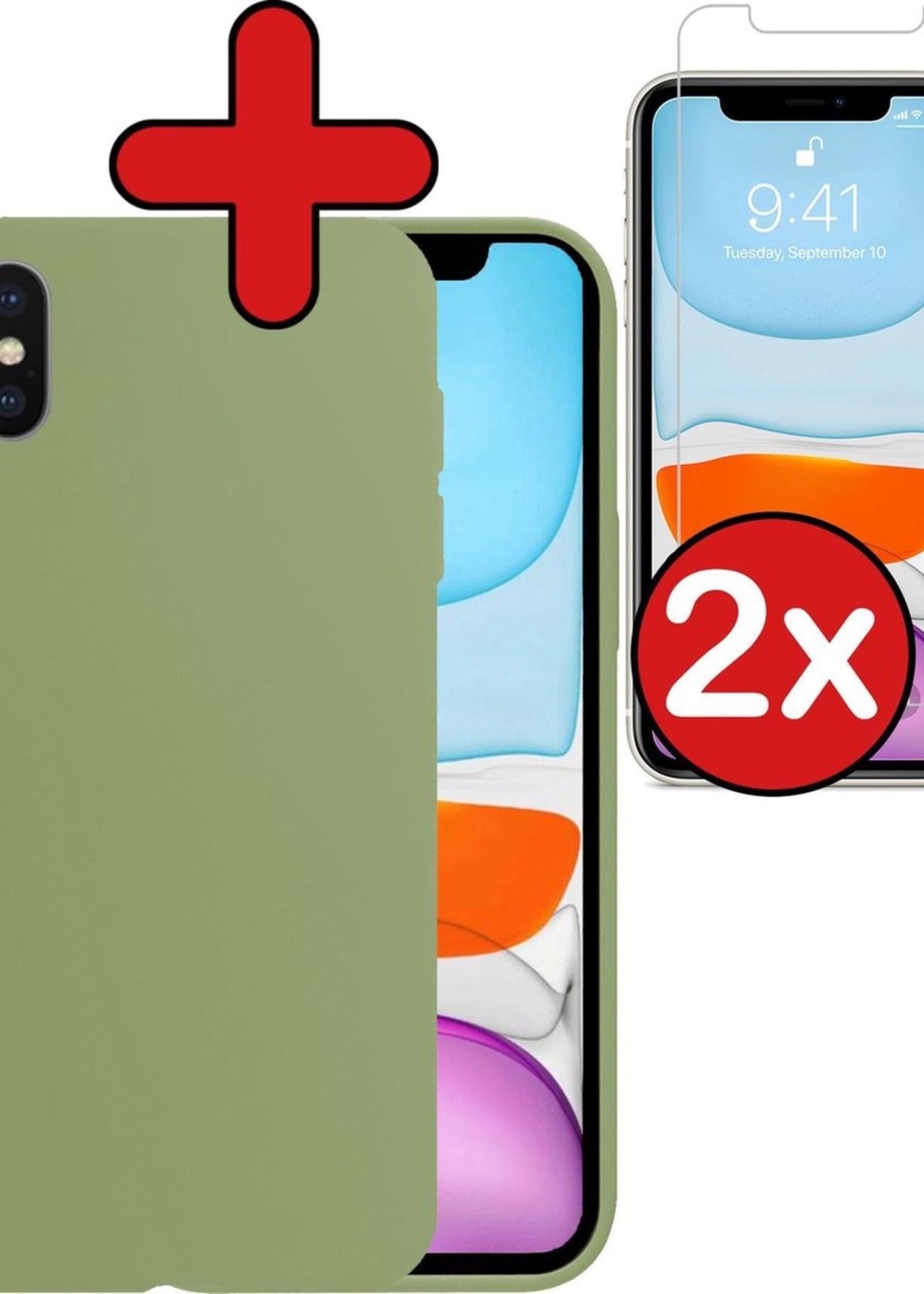 BTH Hoesje Geschikt voor iPhone X Hoesje Siliconen Case Hoes Met 2x Screenprotector - Hoes Geschikt voor iPhone X Hoes Cover Case - Groen