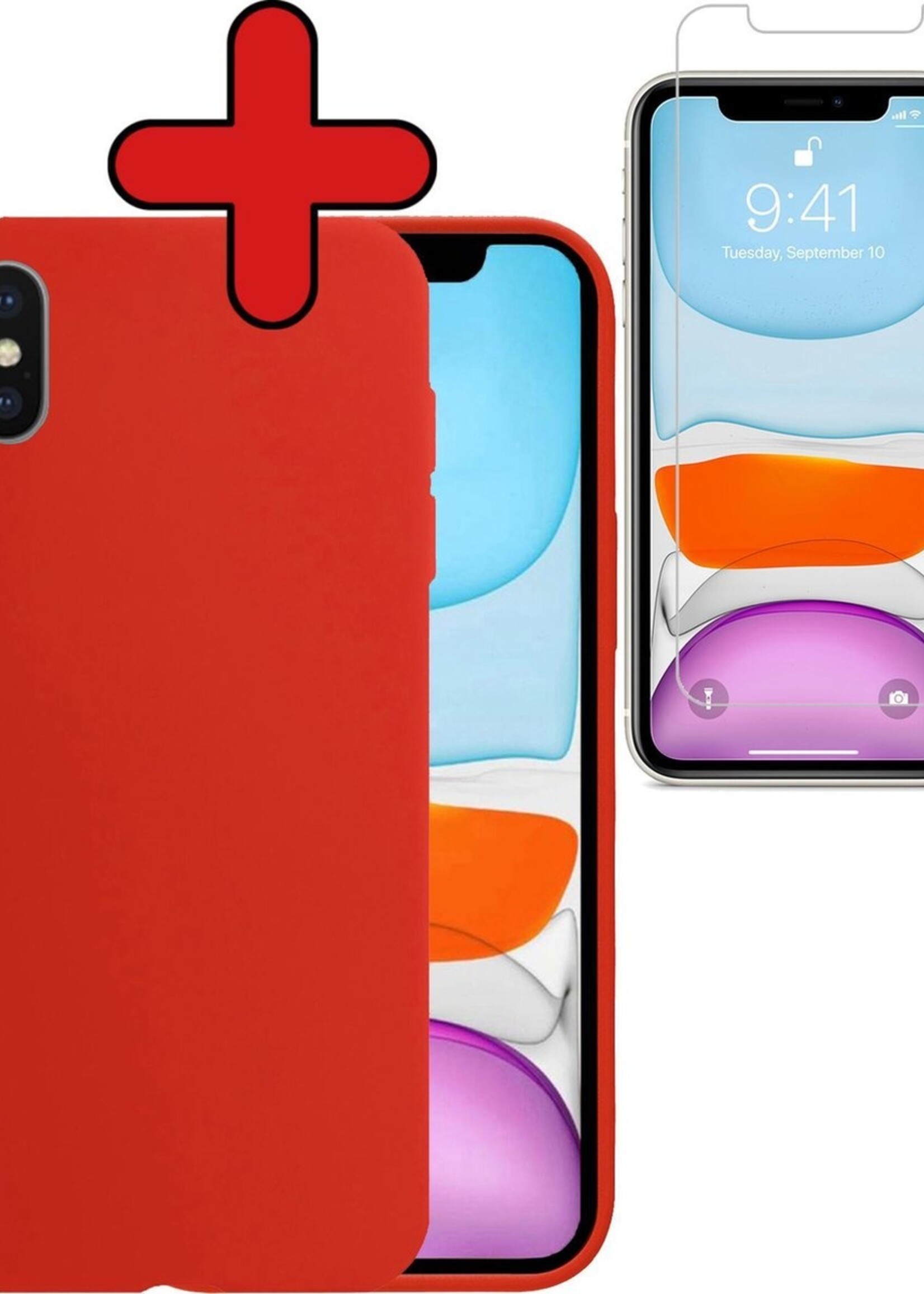 BTH Hoesje Geschikt voor iPhone Xs Hoesje Siliconen Case Hoes Met Screenprotector - Hoes Geschikt voor iPhone Xs Hoes Cover Case - Rood