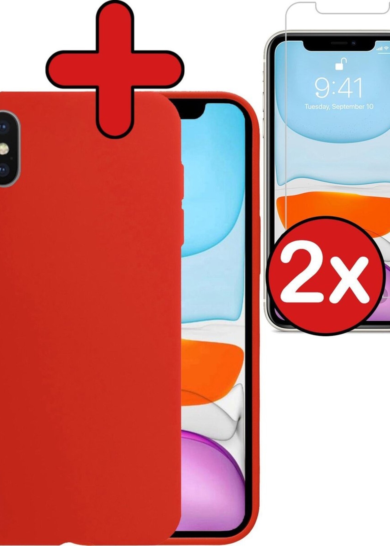 BTH Hoesje Geschikt voor iPhone Xs Hoesje Siliconen Case Hoes Met 2x Screenprotector - Hoes Geschikt voor iPhone Xs Hoes Cover Case - Rood