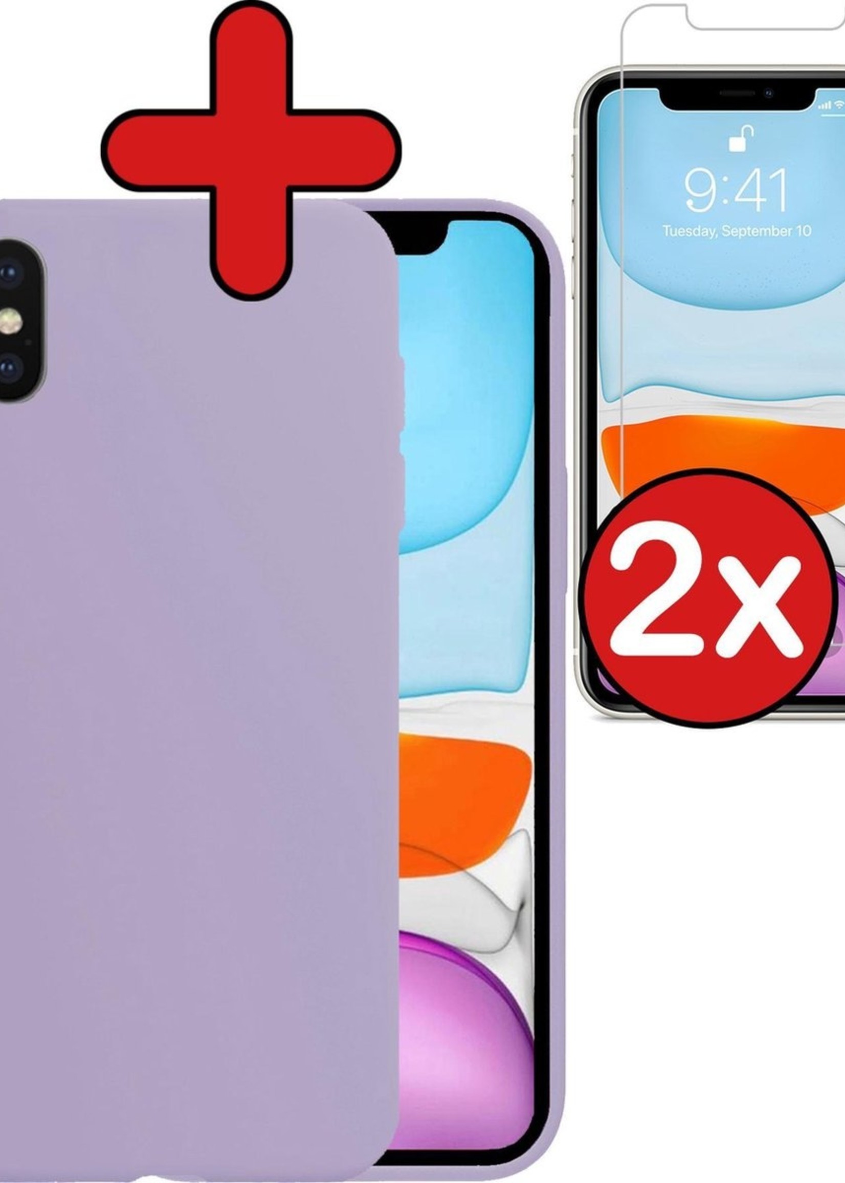 BTH Hoesje Geschikt voor iPhone Xs Max Hoesje Siliconen Case Hoes Met 2x Screenprotector - Hoes Geschikt voor iPhone Xs Max Hoes Cover Case - Lila