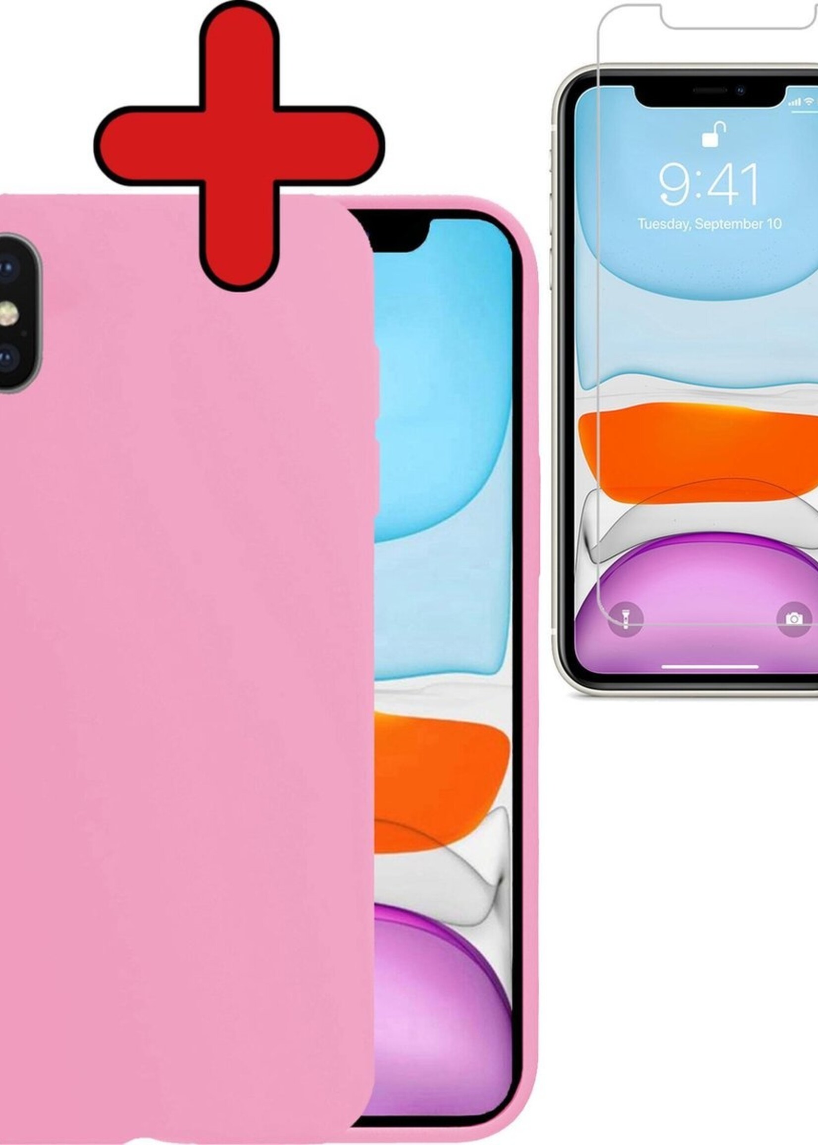BTH Hoesje Geschikt voor iPhone Xs Max Hoesje Siliconen Case Hoes Met Screenprotector - Hoes Geschikt voor iPhone Xs Max Hoes Cover Case - Lichtroze
