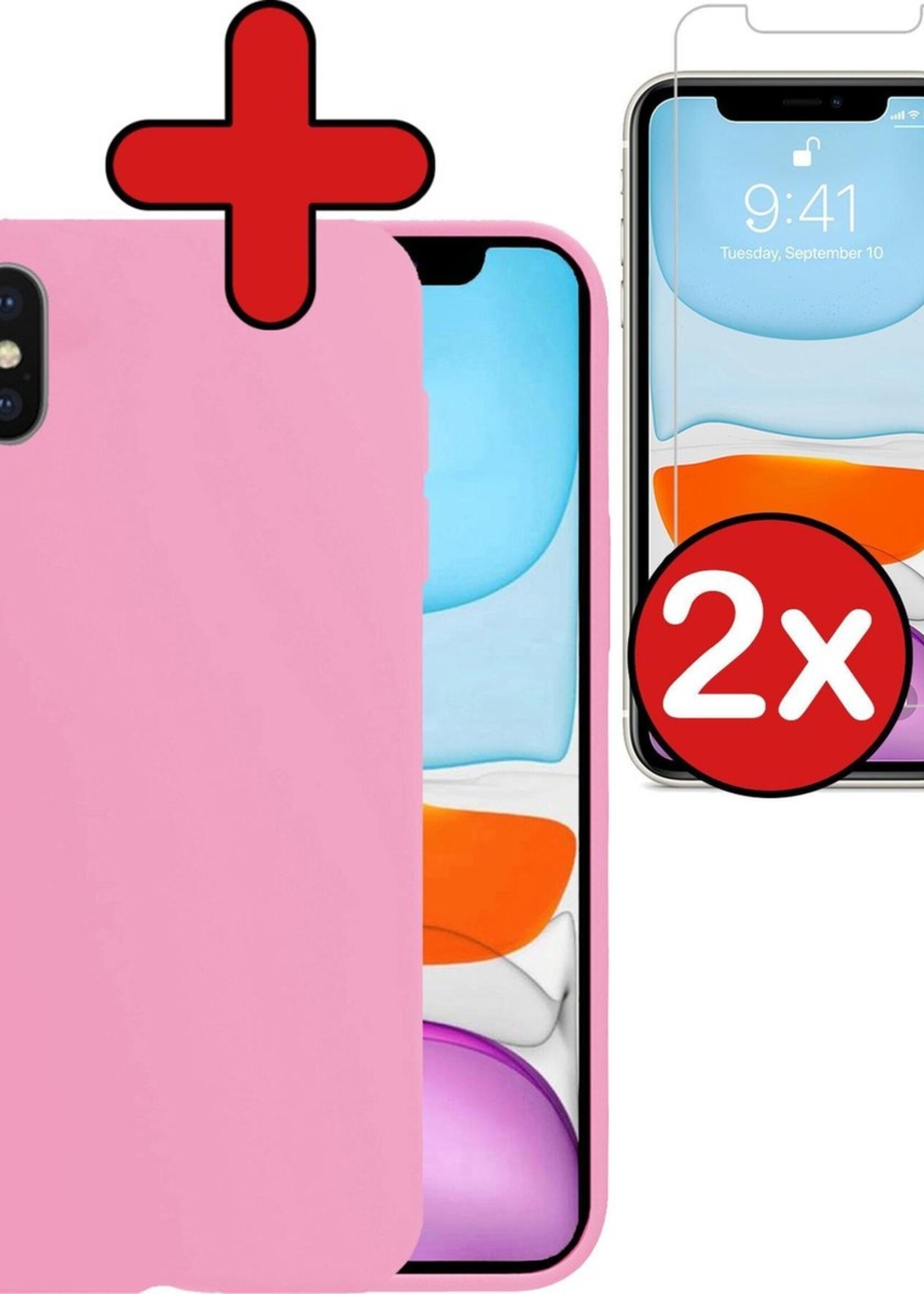 BTH Hoesje Geschikt voor iPhone Xs Max Hoesje Siliconen Case Hoes Met 2x Screenprotector - Hoes Geschikt voor iPhone Xs Max Hoes Cover Case - Lichtroze