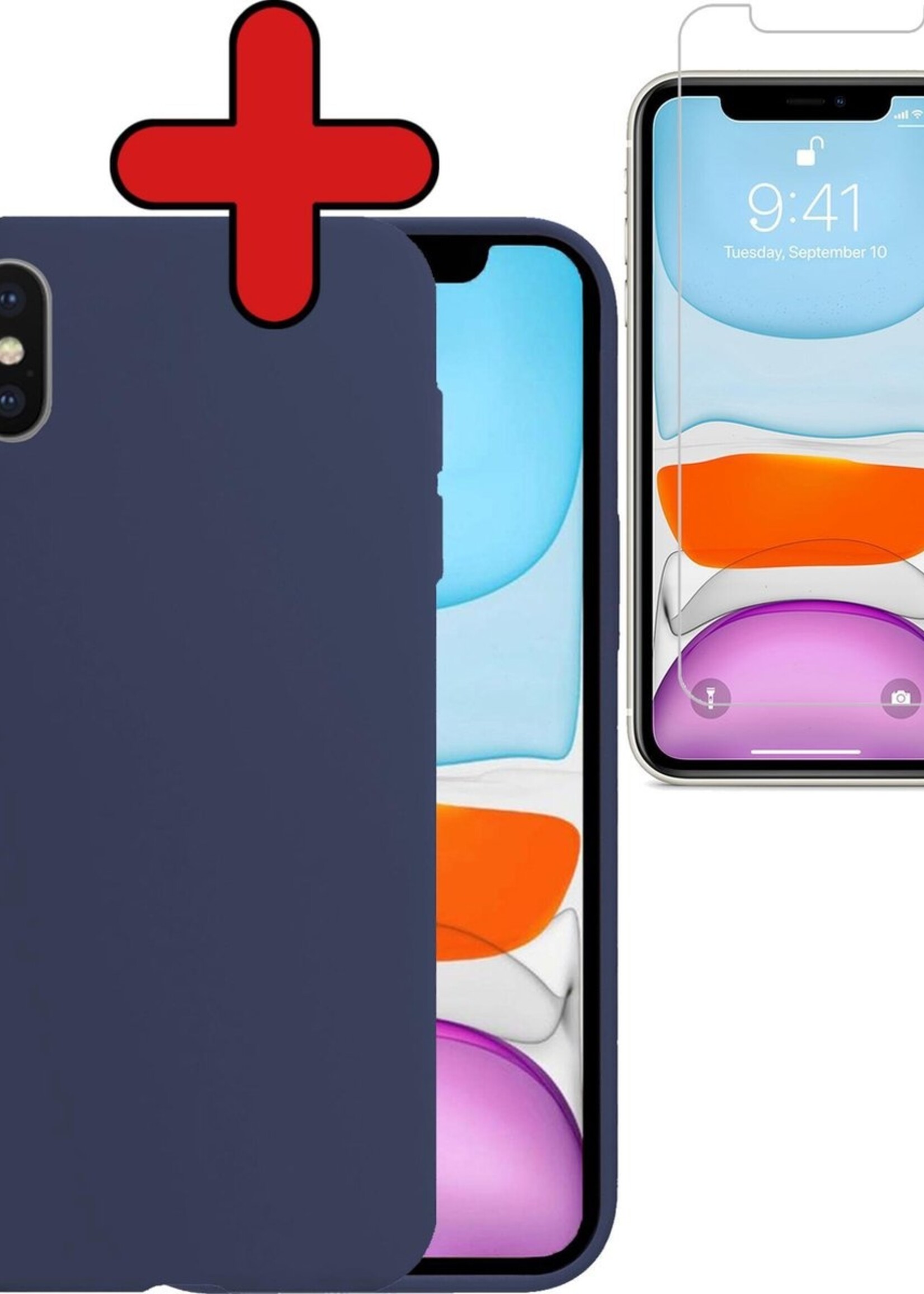 BTH Hoesje Geschikt voor iPhone XR Hoesje Siliconen Case Hoes Met Screenprotector - Hoes Geschikt voor iPhone XR Hoes Cover Case - Donkerblauw