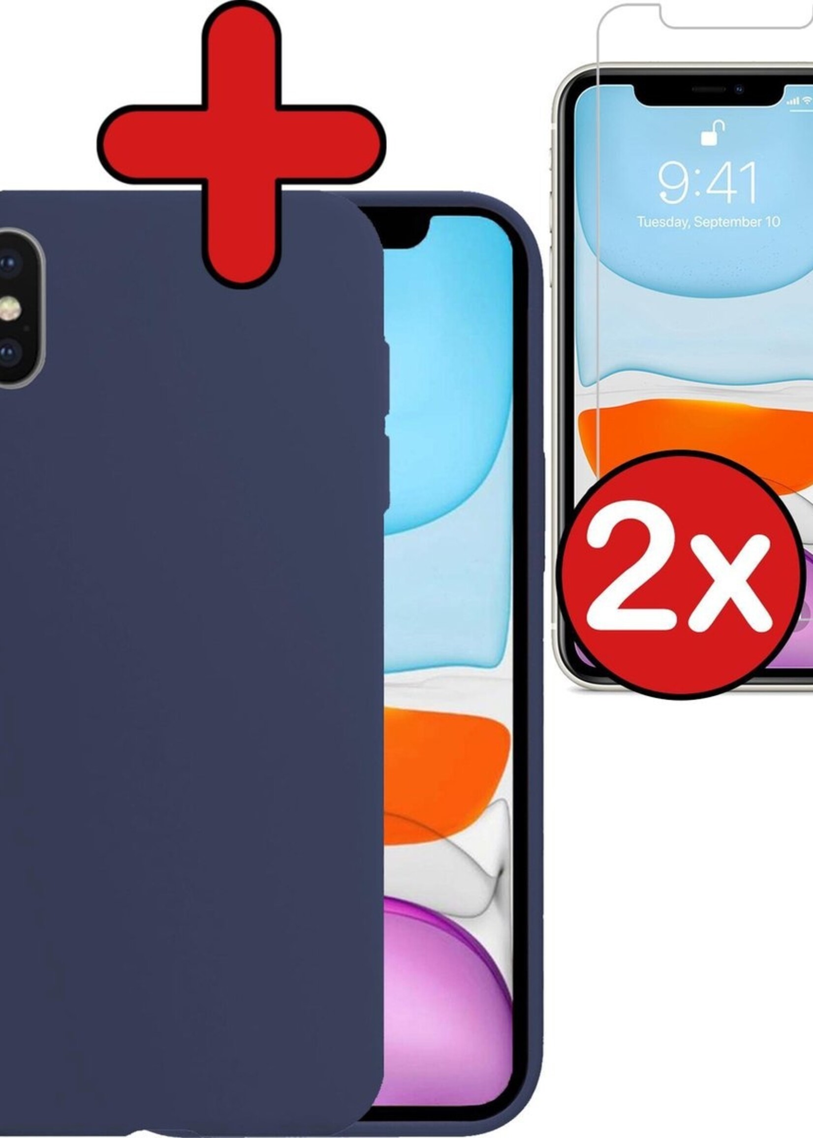 BTH Hoesje Geschikt voor iPhone XR Hoesje Siliconen Case Hoes Met 2x Screenprotector - Hoes Geschikt voor iPhone XR Hoes Cover Case - Donkerblauw