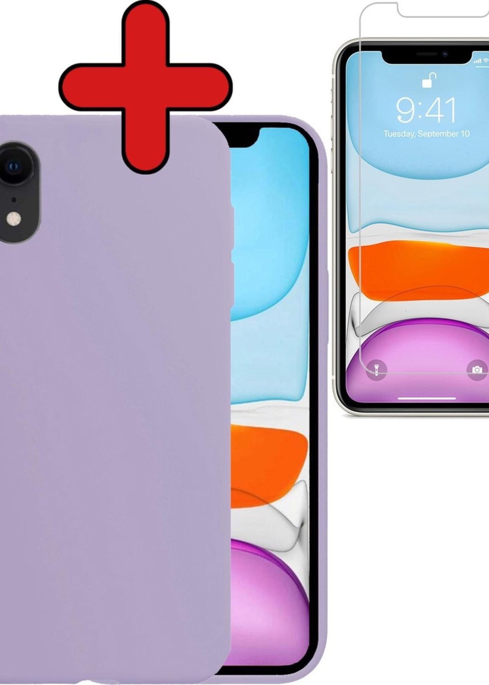 BTH Hoesje Geschikt voor iPhone XR Hoesje Siliconen Case Hoes Met Screenprotector - Hoes Geschikt voor iPhone XR Hoes Cover Case - Lila