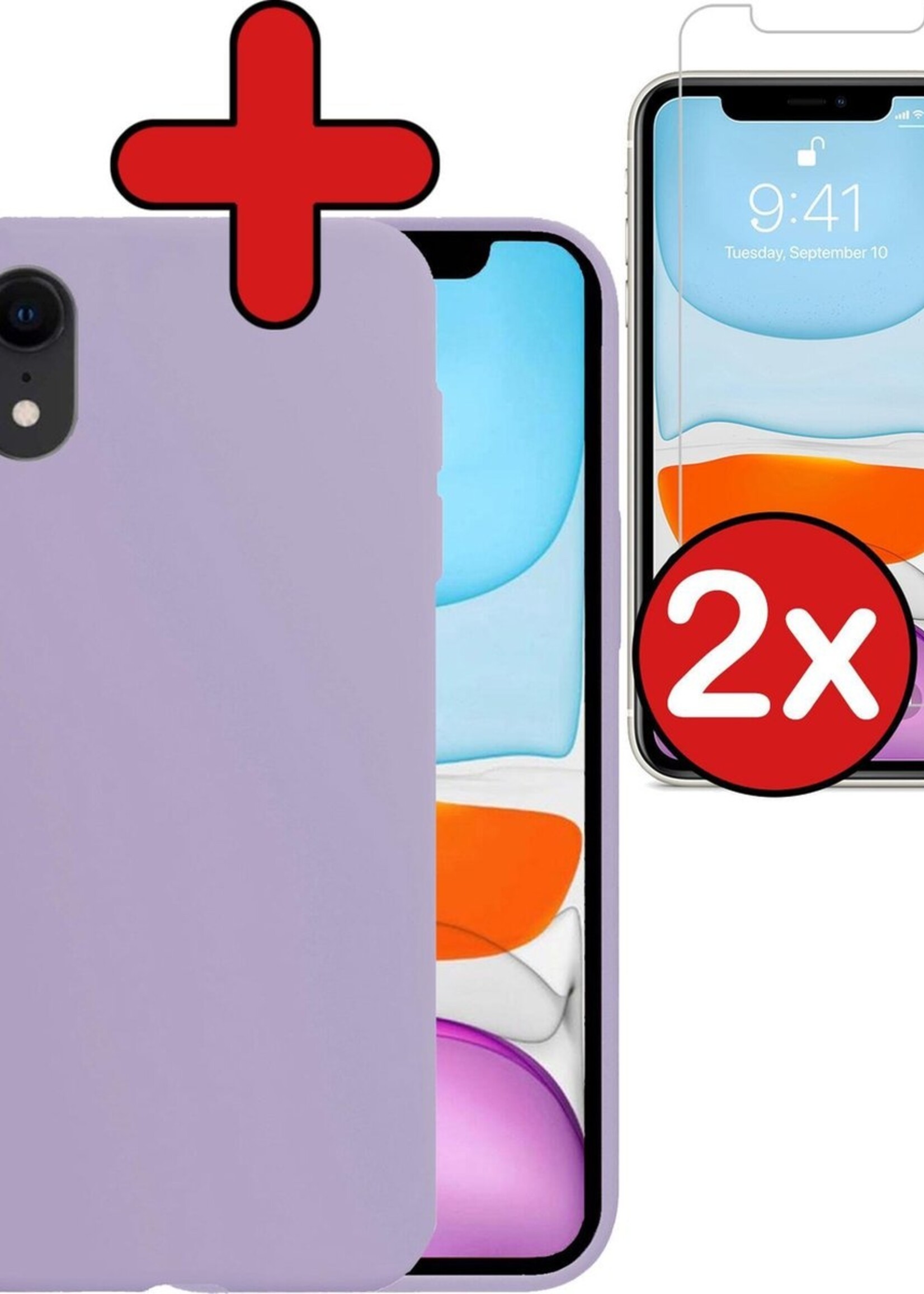 BTH Hoesje Geschikt voor iPhone XR Hoesje Siliconen Case Hoes Met 2x Screenprotector - Hoes Geschikt voor iPhone XR Hoes Cover Case - Lila