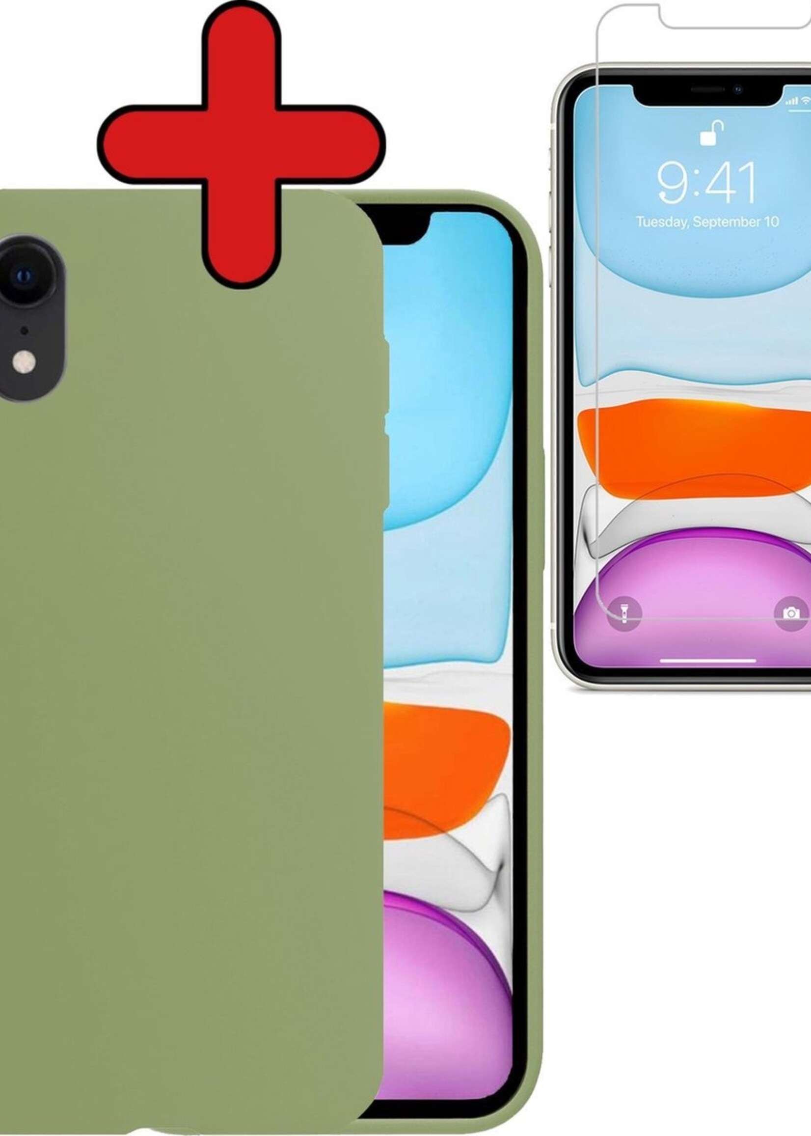 BTH Hoesje Geschikt voor iPhone XR Hoesje Siliconen Case Hoes Met Screenprotector - Hoes Geschikt voor iPhone XR Hoes Cover Case - Groen