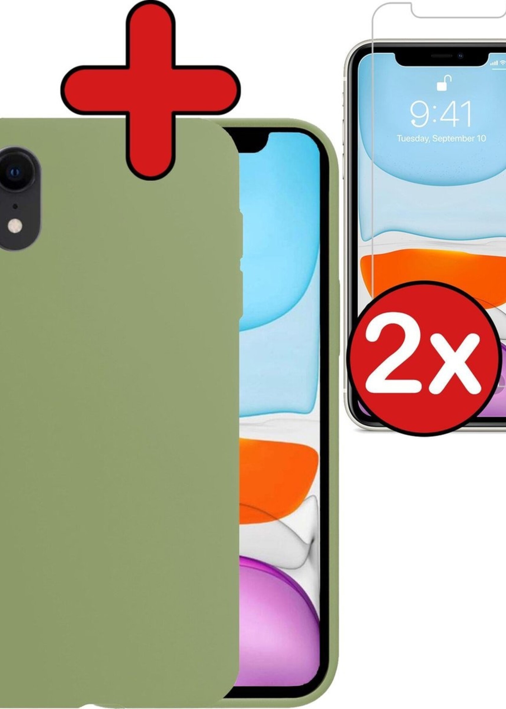 BTH Hoesje Geschikt voor iPhone XR Hoesje Siliconen Case Hoes Met 2x Screenprotector - Hoes Geschikt voor iPhone XR Hoes Cover Case - Groen