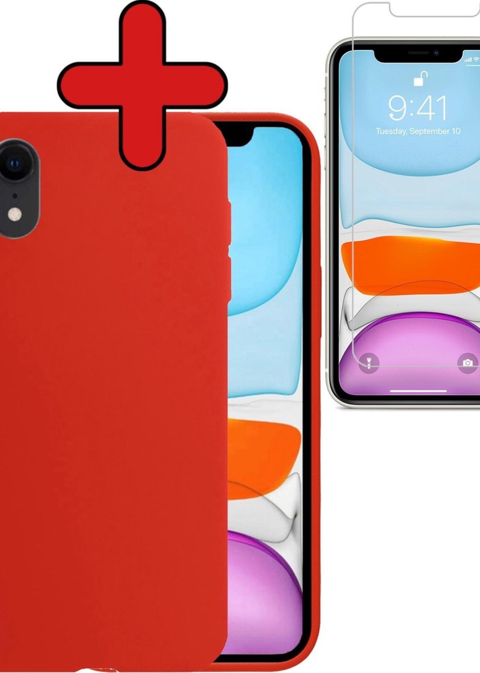 BTH Hoesje Geschikt voor iPhone XR Hoesje Siliconen Case Hoes Met Screenprotector - Hoes Geschikt voor iPhone XR Hoes Cover Case - Rood